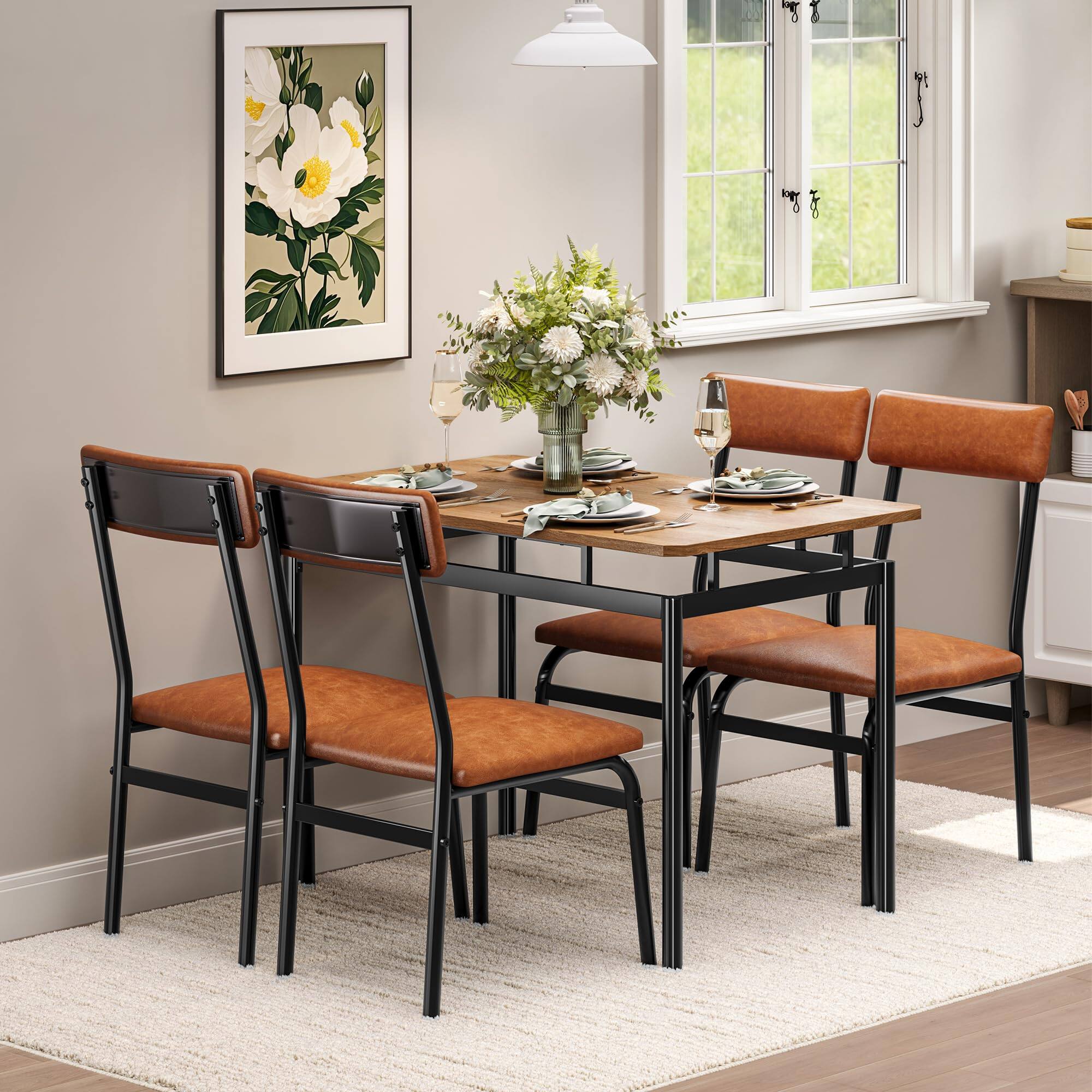 Front. Homhougo - 5-Pc Rectangular Dining Set – Wood Table + 4 Faux Leather Chairs, Modern Style - Natural.