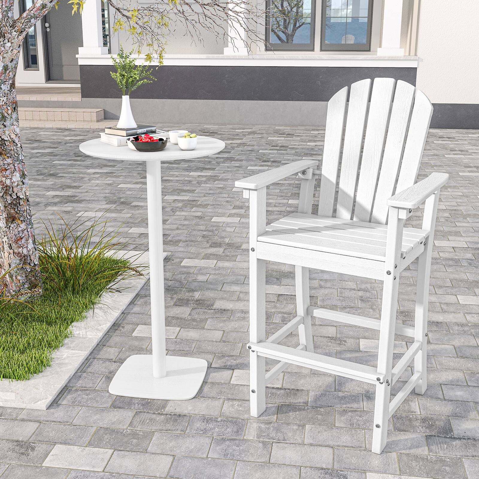 Alt View 5. Gymax - Gymax 2PCS Outdoor HDPE Bar Height Stool Patio Tall Chair Armrest Footrest All Weather - White.