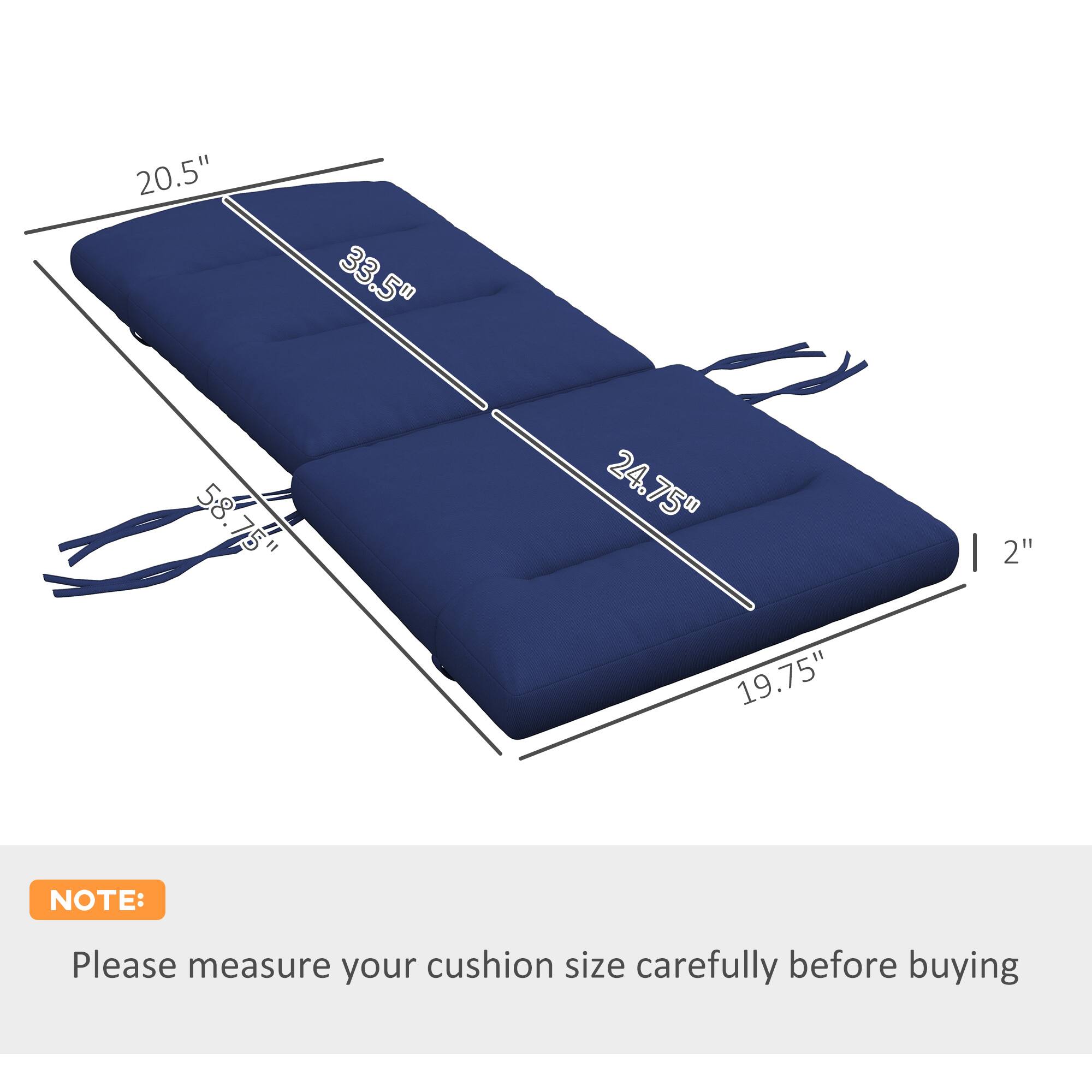 20.5", 33.5", 58.75", 24.75", 2", 19.75" NOTE: Please measure your cushion size carefully before buying