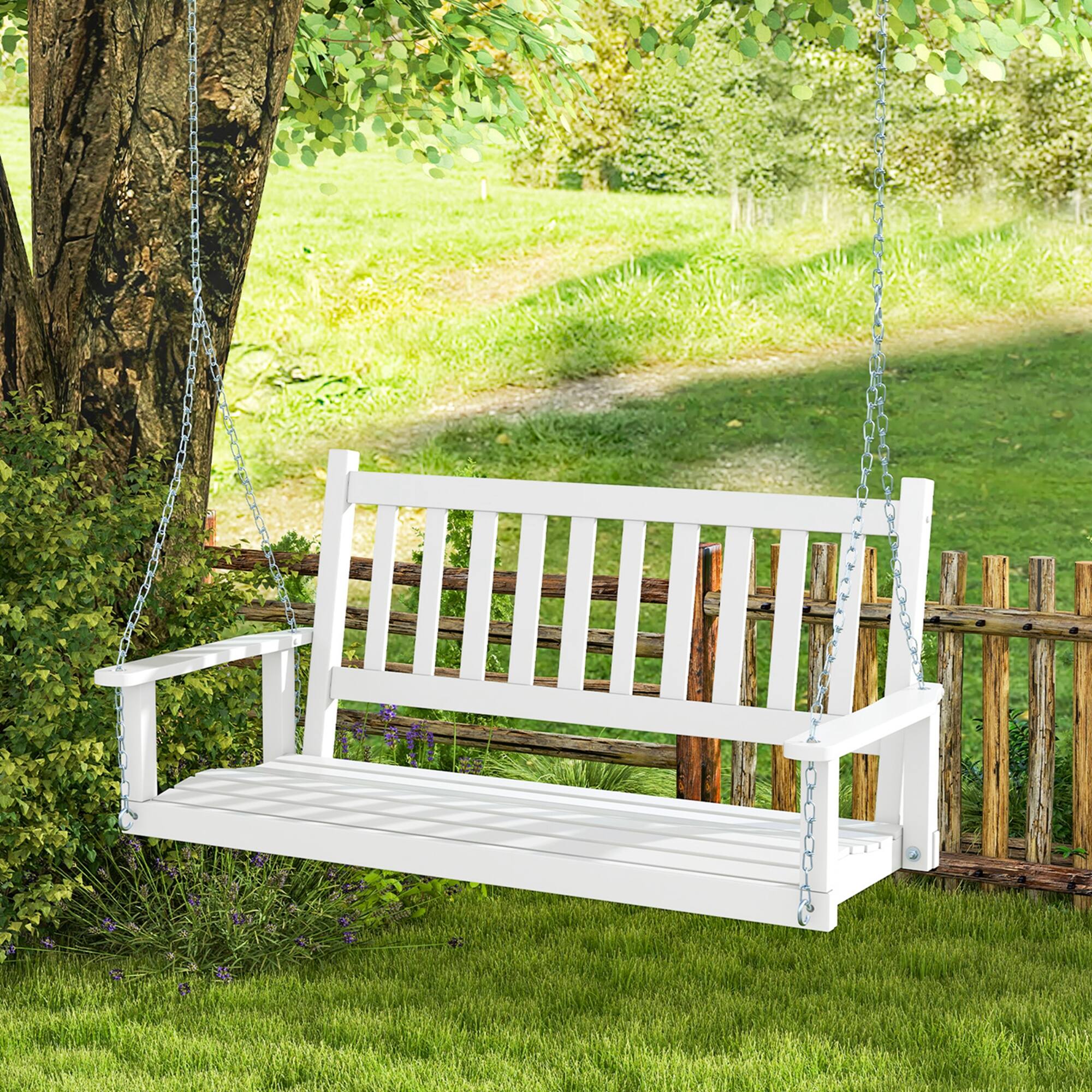 Alt View 3. Costway - 3-Person Wooden Outdoor Porch Swing Heavy Duty Patio Hanging Bench Chair - White.