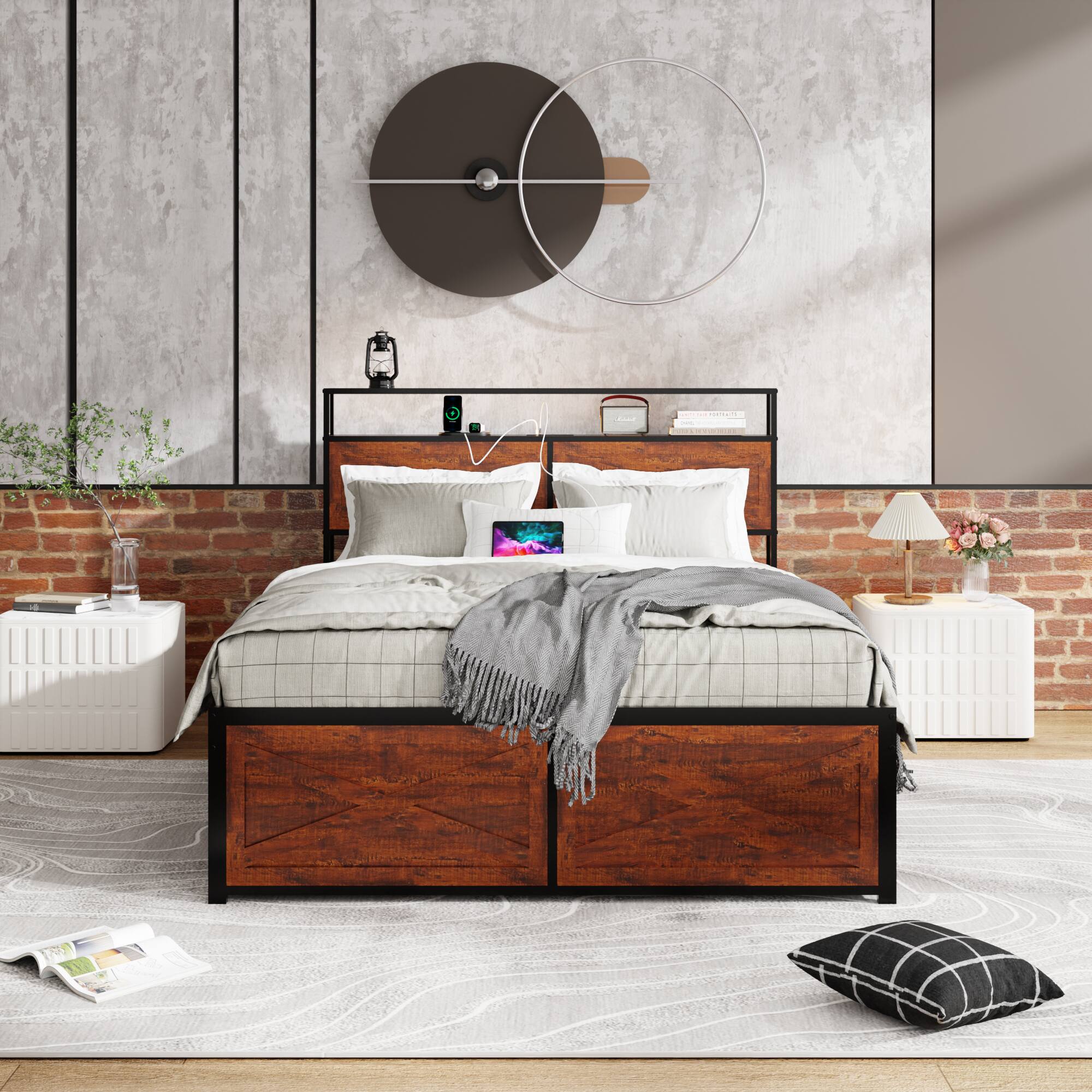 Angle. LUCKY ONE - Queen Size Bed Frame with Storage Headboard and 12 Drawers LED Lights - Rustic Brown.