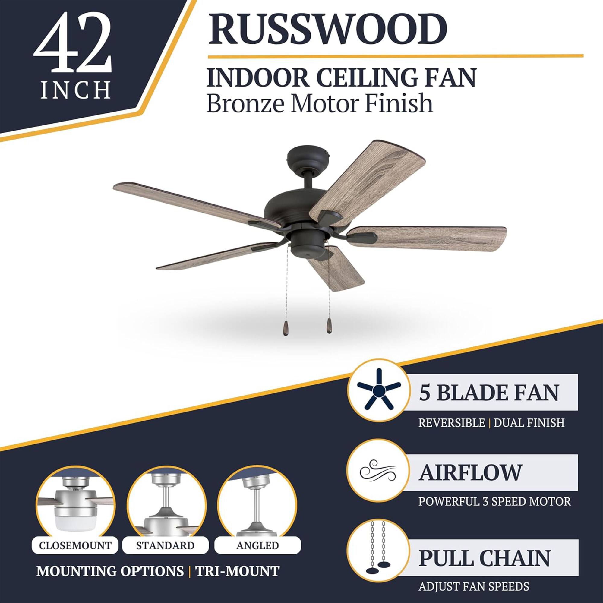 42 INCH RUSSWOOD INDOOR CEILING FAN Bronze Motor Finish 5 BLADE FAN REVERSIBLE | DUAL FINISH AIRFLOW POWERFUL 3 SPEED MOTOR CLOSEMOUNT STANDARD ANGLED MOUNTING OPTIONS | TRI-MOUNT PULL CHAIN ADJUST FAN SPEEDS