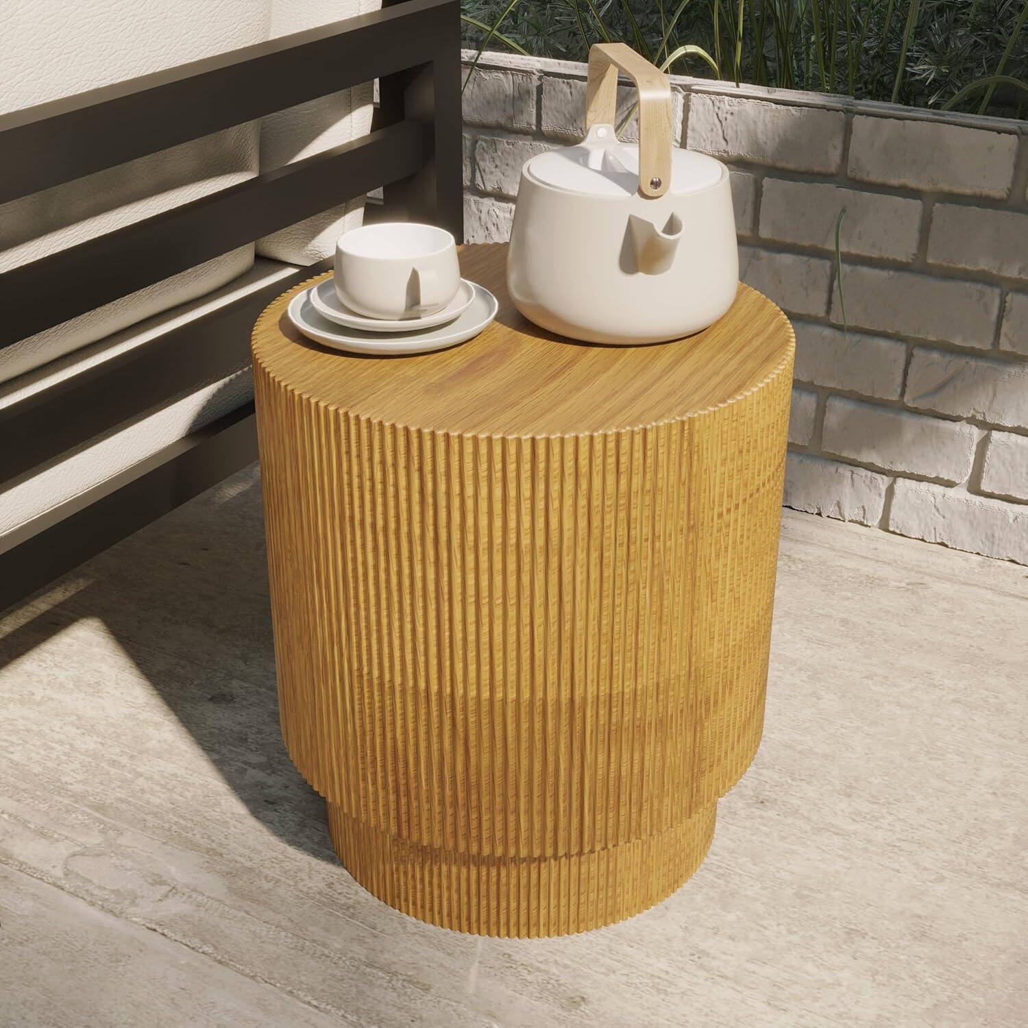 Left. LeisureMod - Eden Modern Stone Top Round Side Table, Indoor/Outdoor Weather Resistant Accent Table, Fully Assembled - Brown.