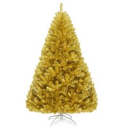 Costway - 6ft Artificial Tinsel Christmas Tree Hinged w/1036 Tips Foldable Stand Champagne - Champagne Gold