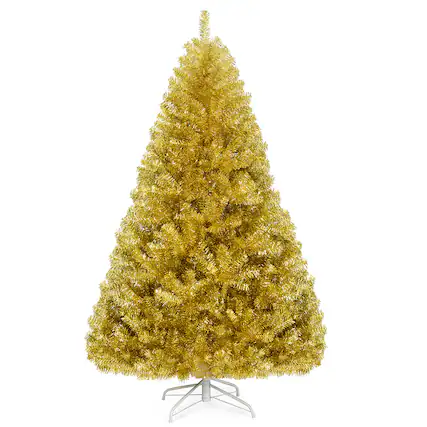 Front. Costway - 6ft Artificial Tinsel Christmas Tree Hinged w/1036 Tips Foldable Stand Champagne - Champagne Gold.