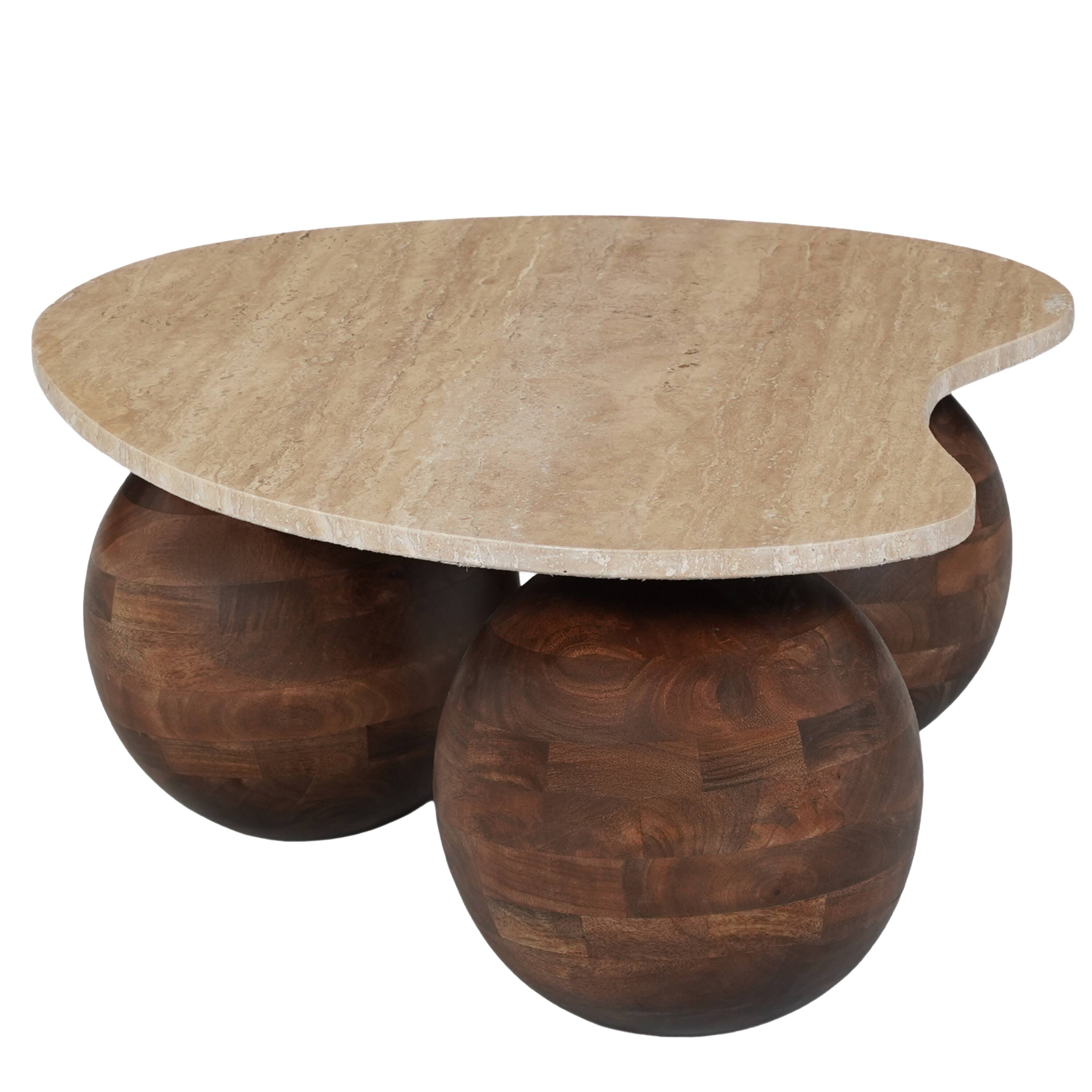 Alt View 2. Manhattan Lane - Resh Accent Coffee Table, Curved Natural Travertine Top, Round 3 Balls Wood Base - Brown.