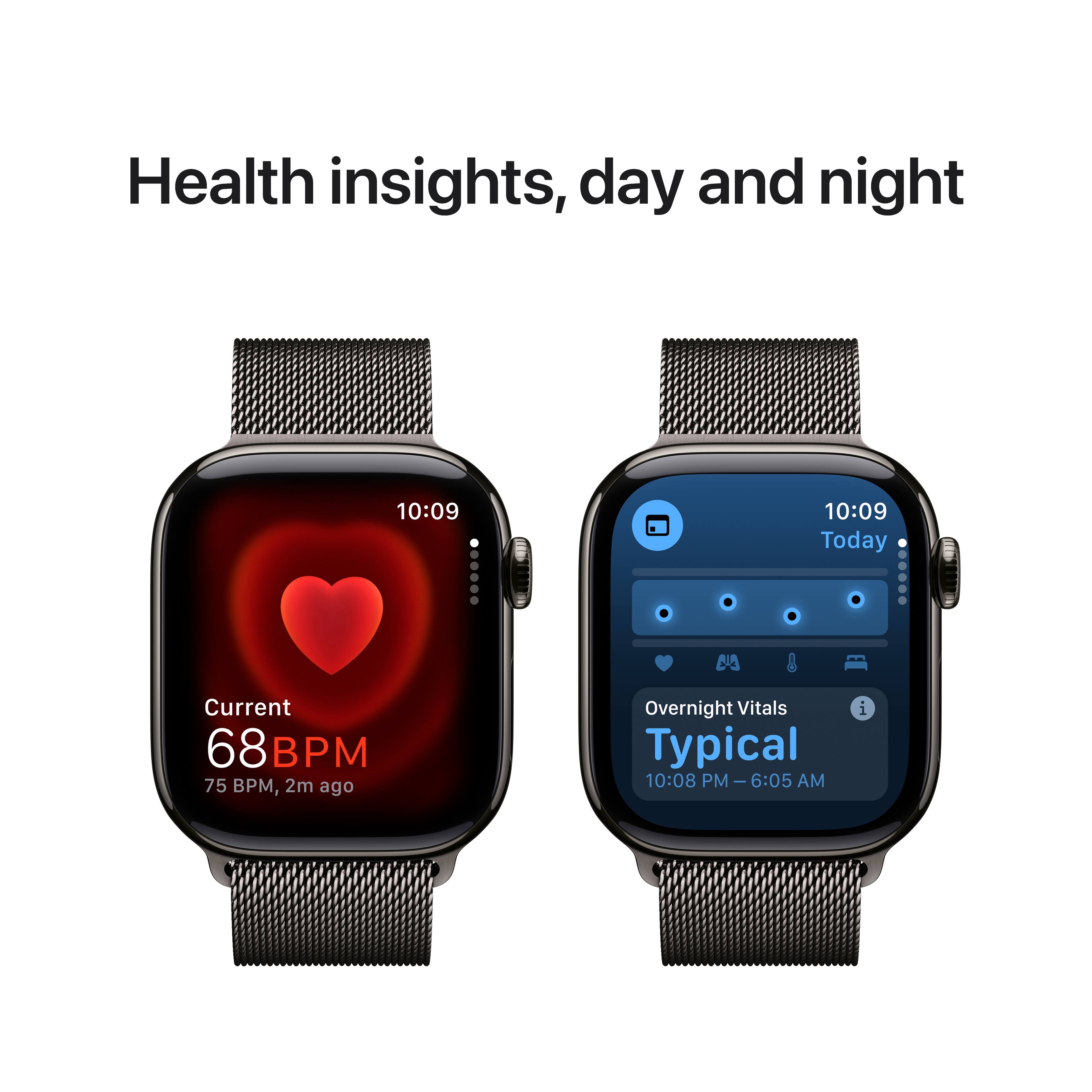 Health insights, day and night:

* Current: 68 BPM
* 2m ago: 75 BPM
* Today: 8
* Overnight Vitals: 5
* Typical: 10:08 PM - 6:05 AM
