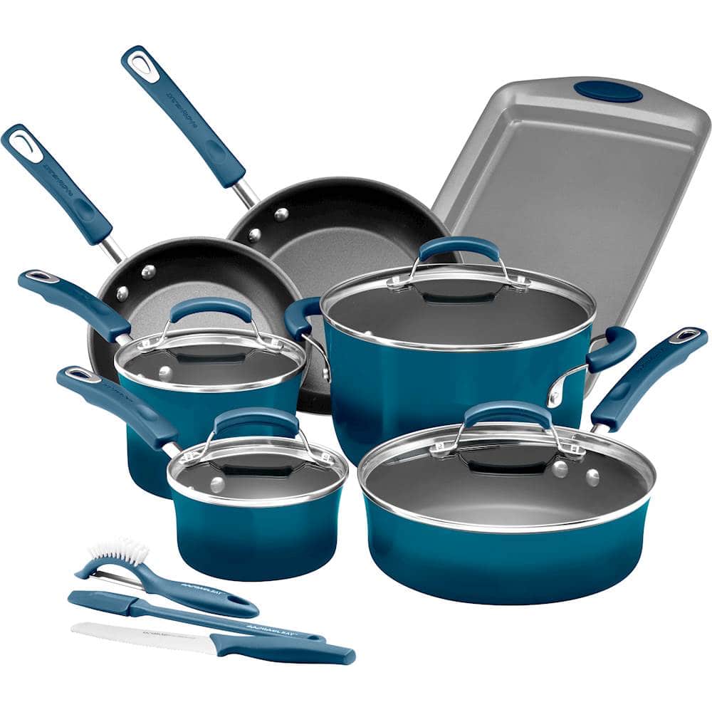 Angle. Rachael Ray - 14-Piece Cookware Set - Marine Blue.