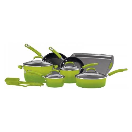 Rachael Ray 14-Piece Pots and Pans Set/Cookware Set, Green Gradient 