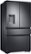 Angle. Samsung - 22.6 cu. ft. 4-Door Flex French Door Counter Depth Refrigerator with FlexZone Drawer - Black Stainless Steel.