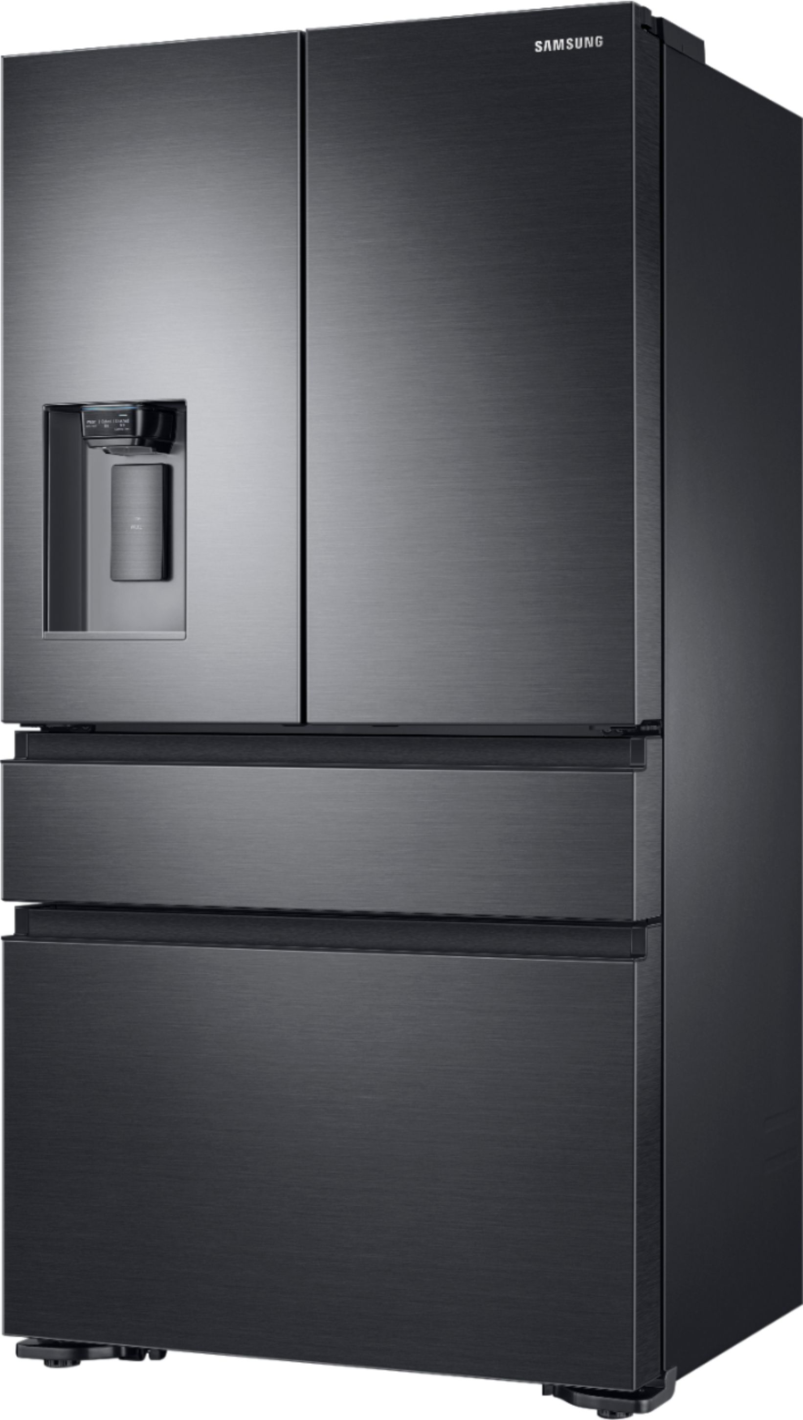Left View: Samsung - 22.6 cu. ft. 4-Door Flex French Door Counter Depth Refrigerator with FlexZone Drawer - Black Stainless Steel