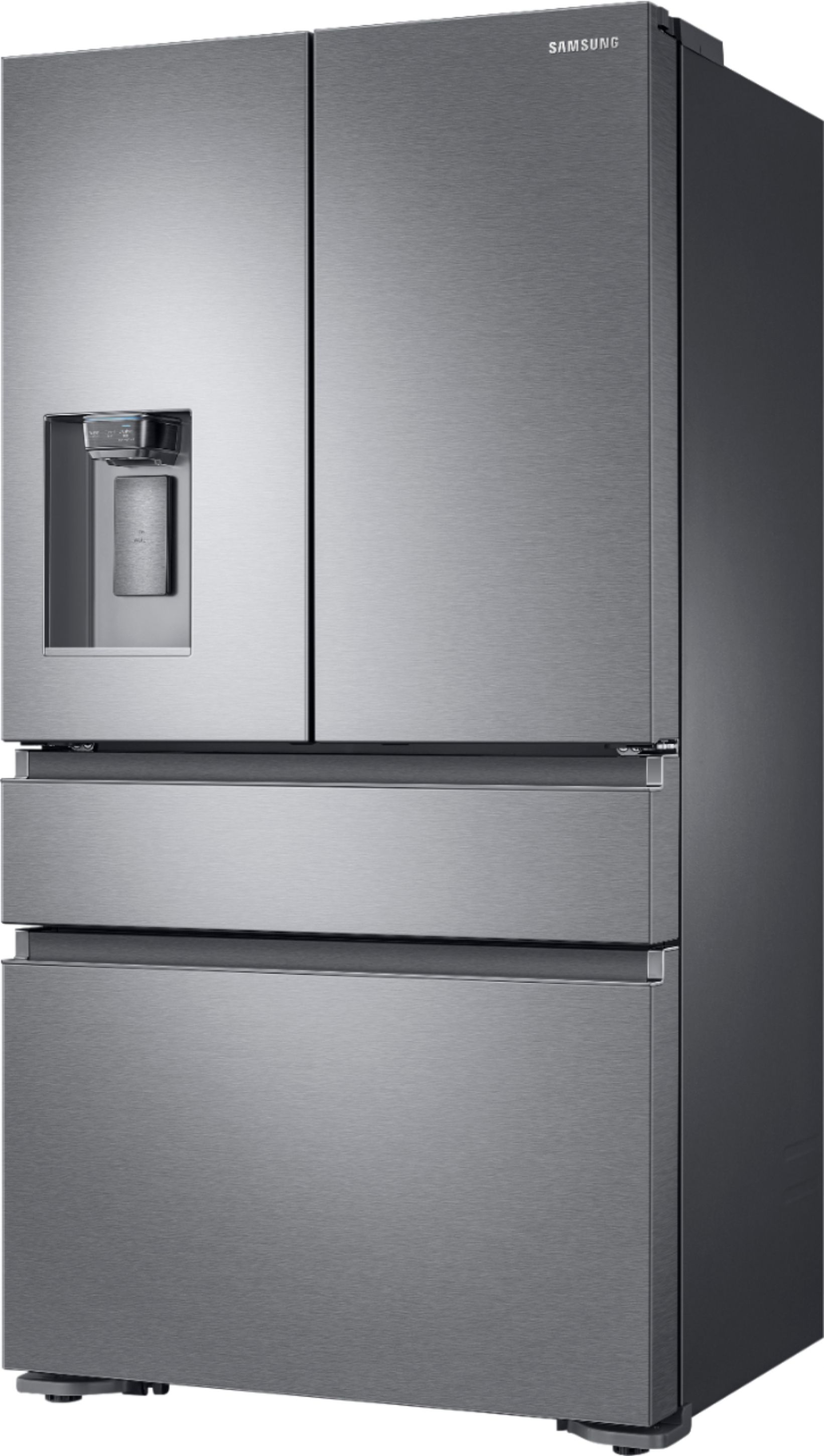 Left View: Samsung - 22.6 cu. ft. 4-Door Flex French Door Counter Depth Refrigerator with FlexZone Drawer - Stainless Steel