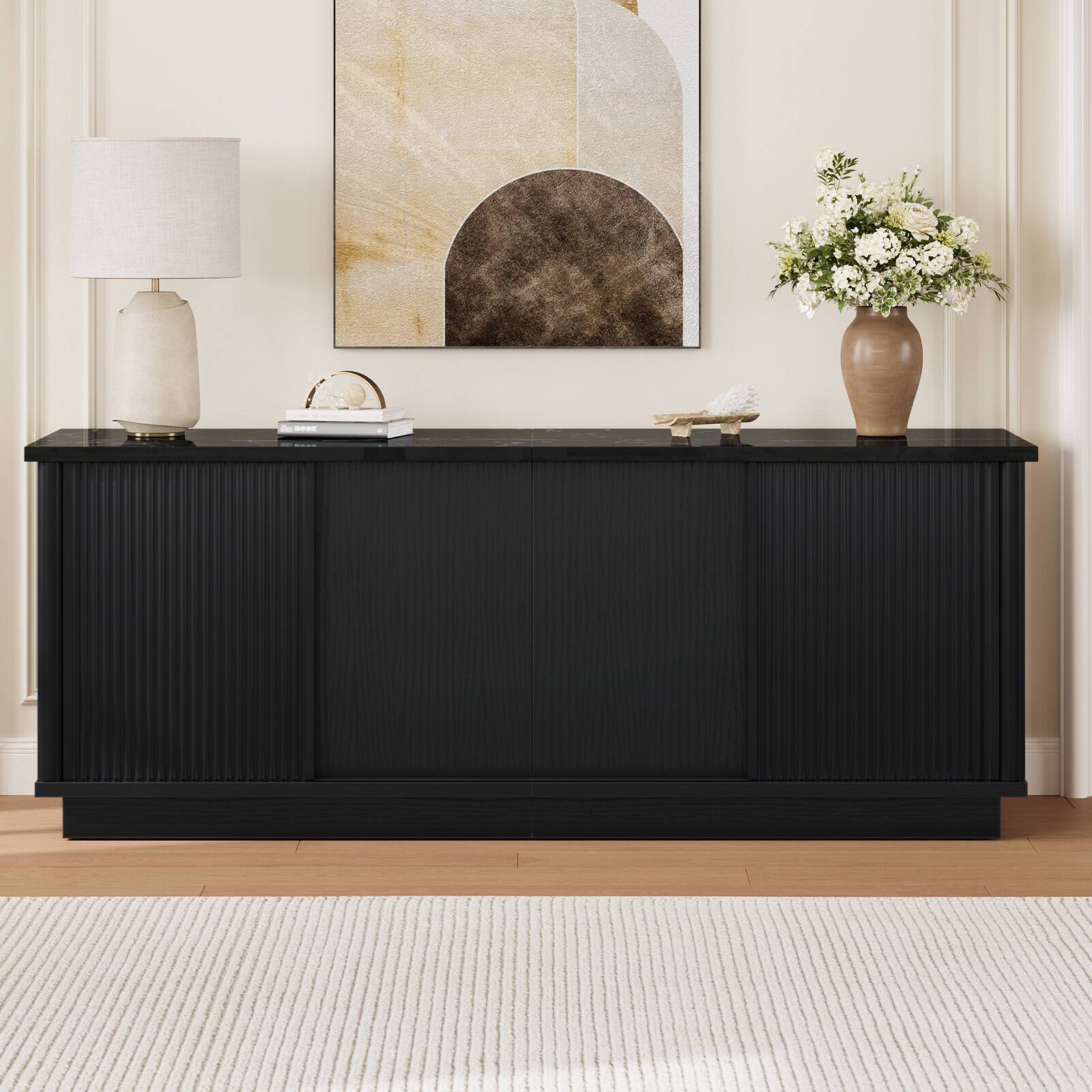 Alt View 4. Bestier - 65" TV Stand for 70" TVs, Modern Fluted Medium Console Entertainment Center with Sliding Doors - Black Marble.