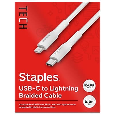 Staples TECH - Lightning to USB-C Charging Cable, 6.5 ft. - White