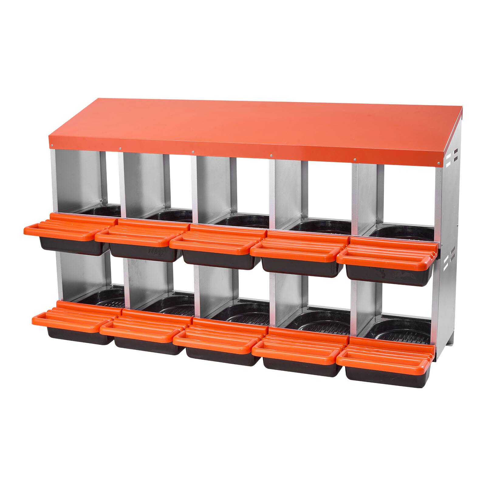 Alt View 5. VEVOR - 2 Tiers Chicken Nesting Boxes, 10 Compartments, Metal Egg Laying Boxes with Protective Collection Lids, Roll Out Nesting - Orange + Galvanized Steel Natural Color + Black.