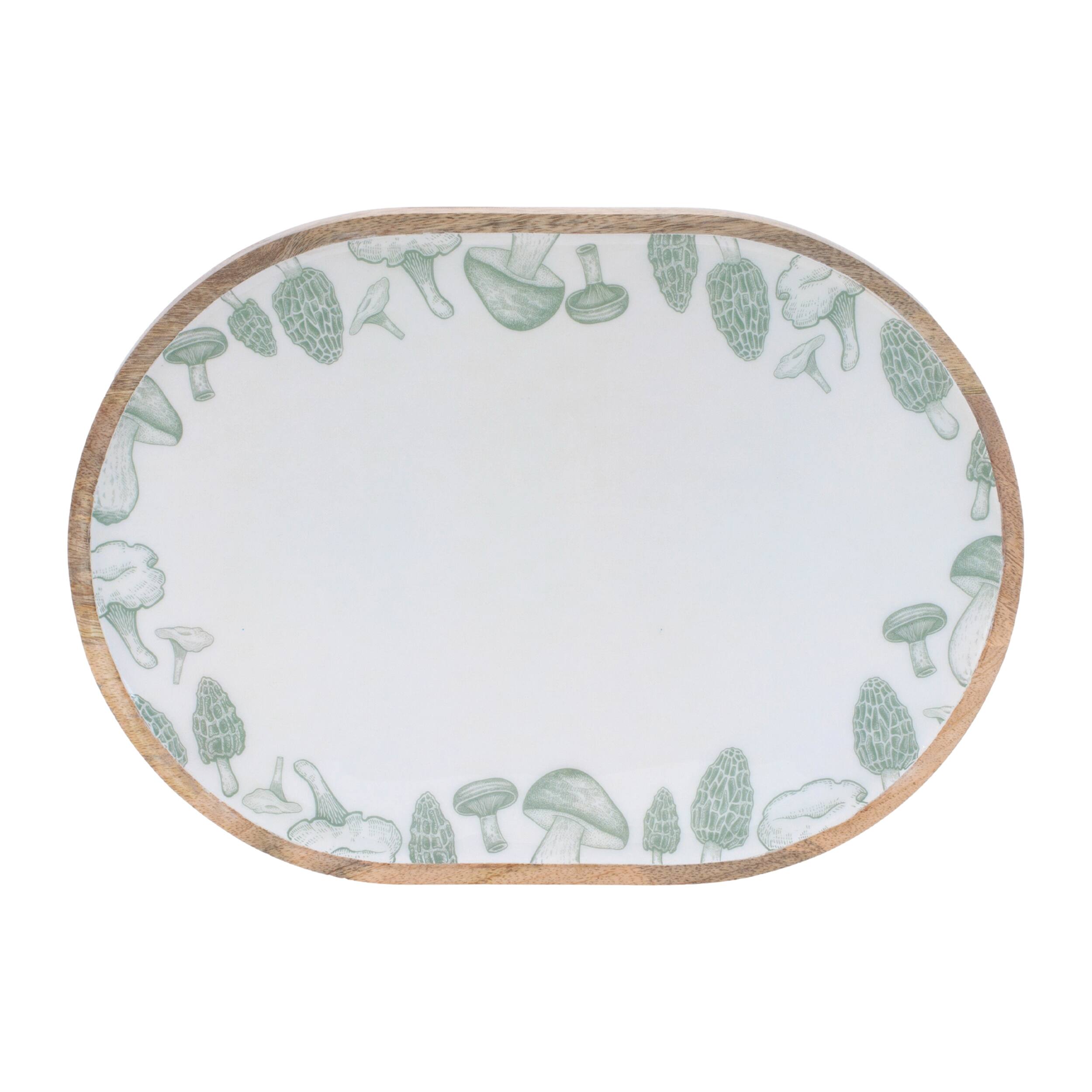 Angle. BreeBe - Wood Mushroom and Floral Print Tray (Set of 2) - White, Green.