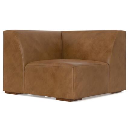 Front. Simpli Home - Rex Corner Sofa Module in Genuine Leather - Caramel Brown.