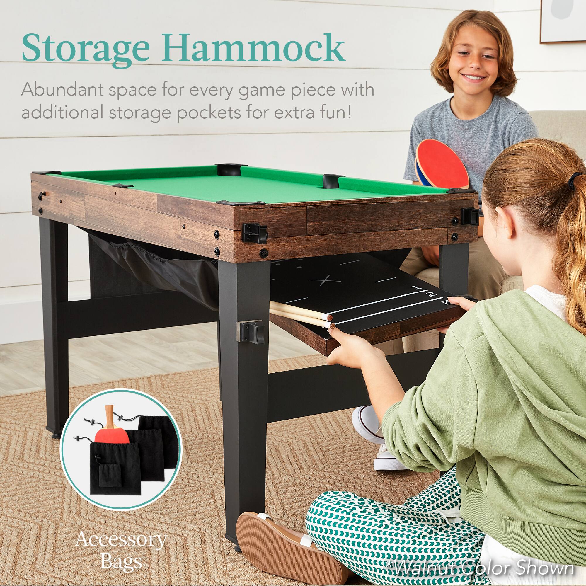 Storage Hammock: Abundant space for every game piece with additional storage pockets for extra fun! Accessory Bags, Walnut Color Shown.