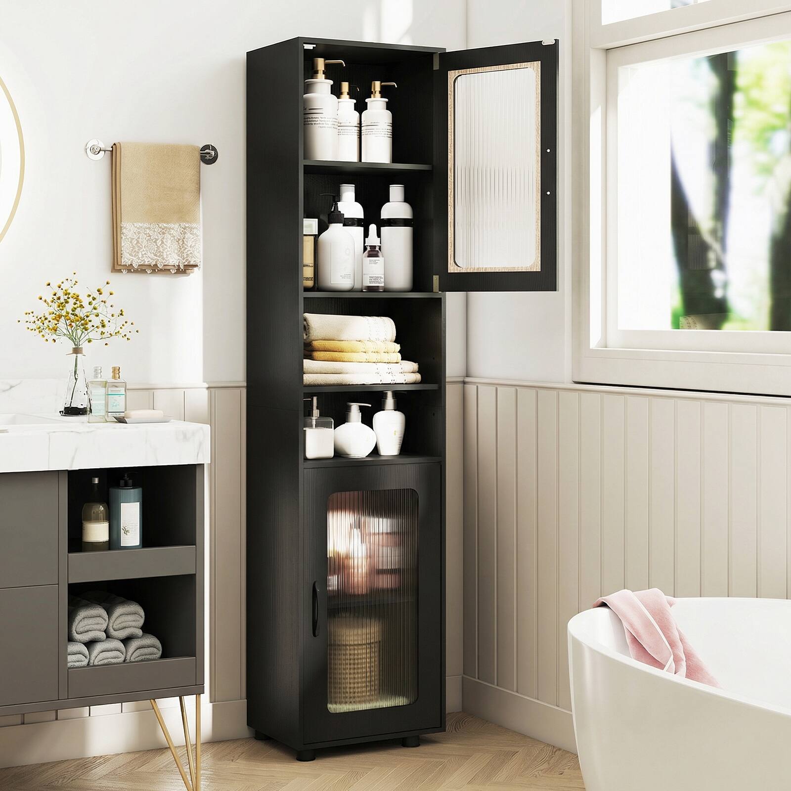 Alt View 1. Costway - Costway Bathroom Cabinet, Slim Floor Storage Cabinet with 2 Fluted Doors,4 Rubber Feet - Black.