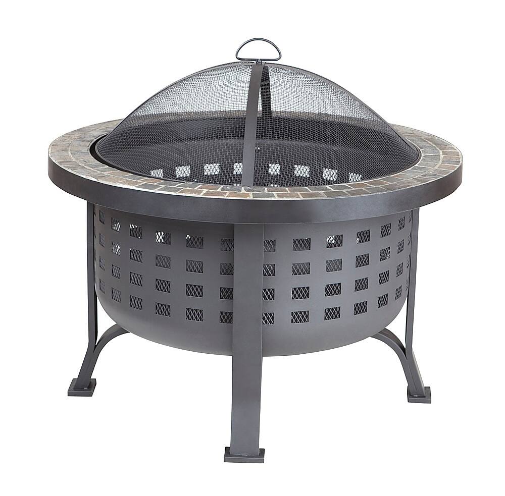 Front. Fire Sense - Alpina Round Slate Top Fire Pit - Black.