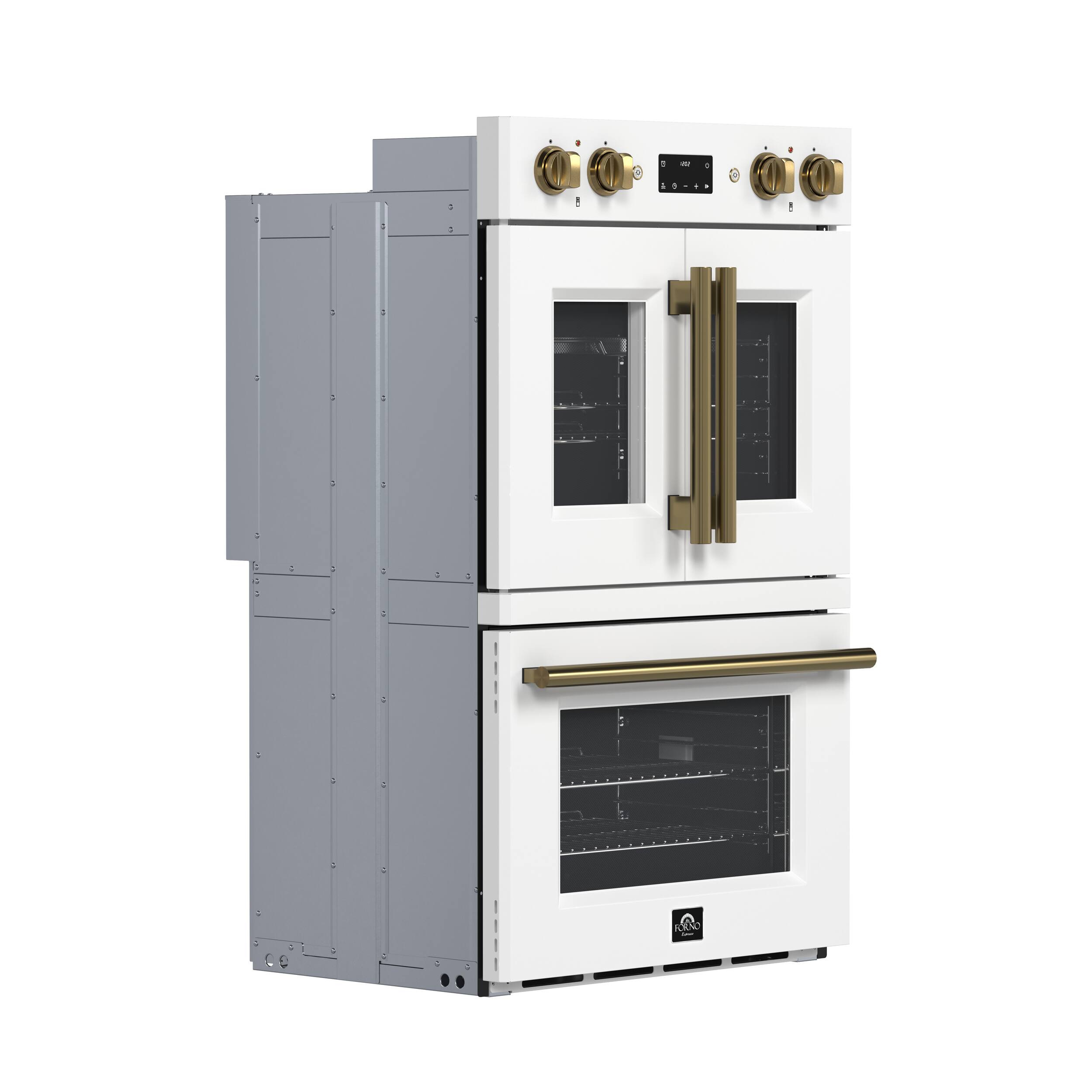 Angle. Forno Appliances - Asti 7.36 Cu. Ft. Electric Double Wall Oven with Upper French Doors and Antique Brass Accents - White.