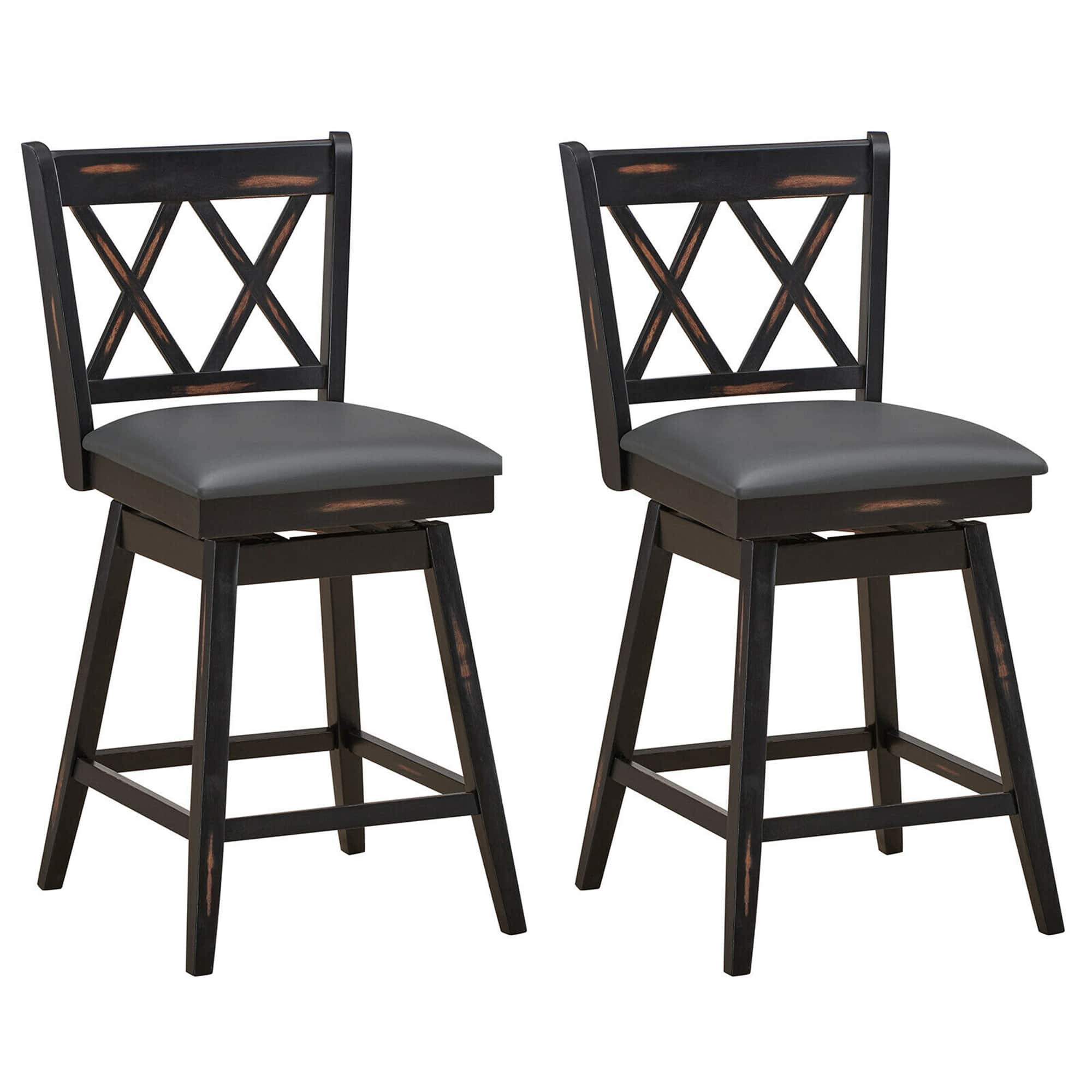 Gymax - Set of 2 Barstools Swivel Counter Height Chairs w/Rubber Wood Legs - Black