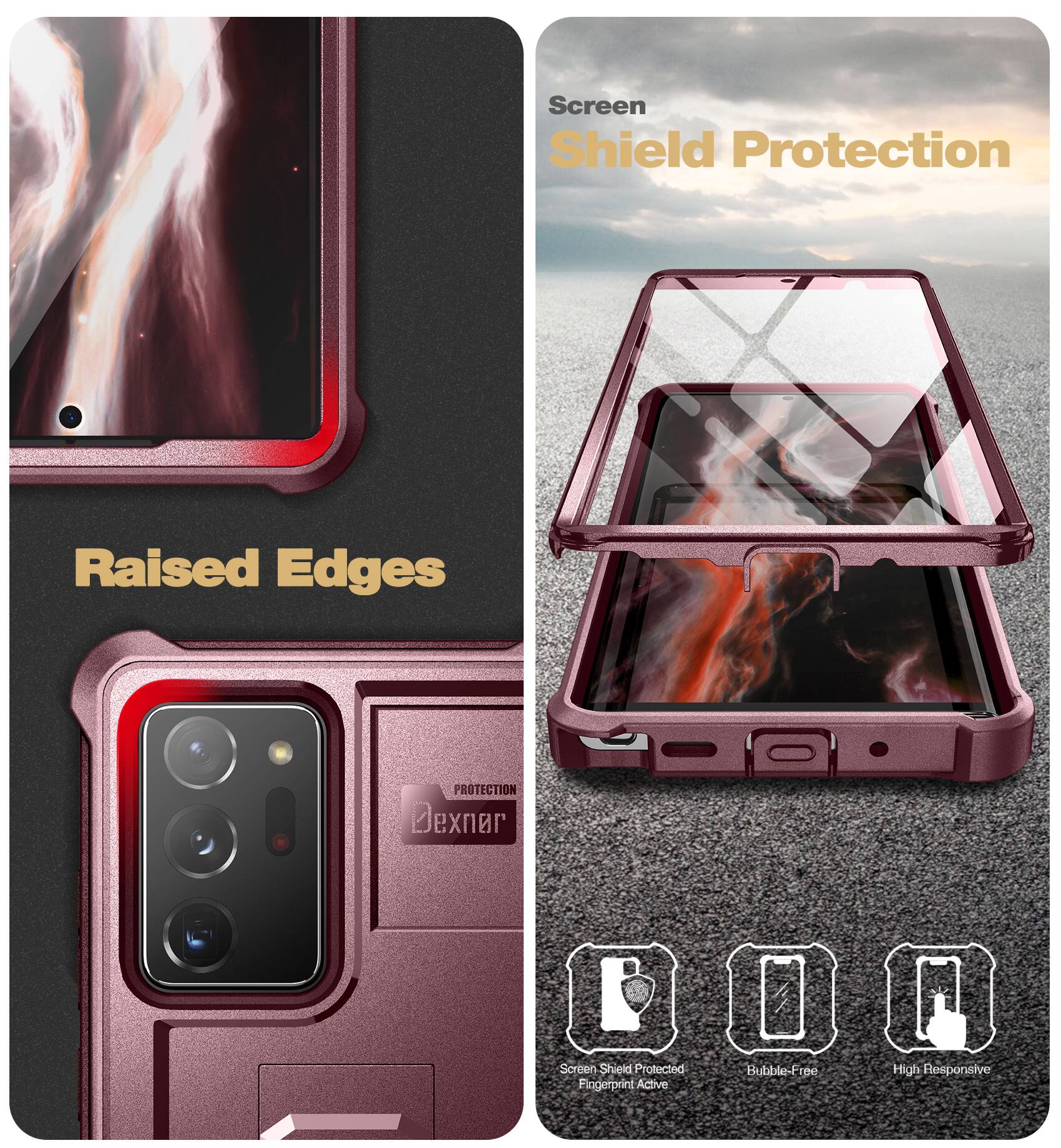 Screen Shield Protection, Raised Edges, Screen Shield Protected, Fingerprint Active, Bubble-Free, High Responsive