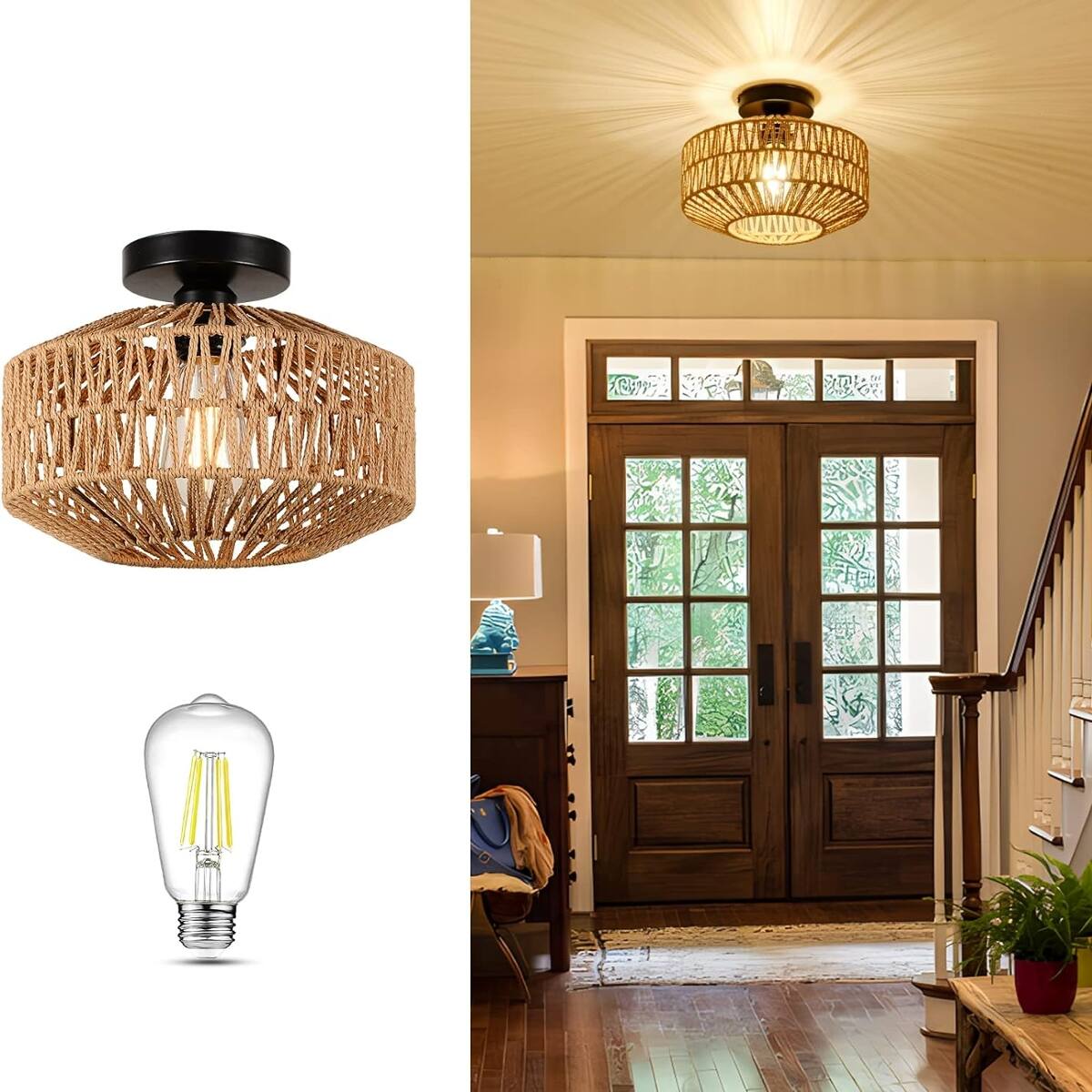 Loheer Boho Flush Mount Ceiling Light, Mini Rattan Chandelier with ...