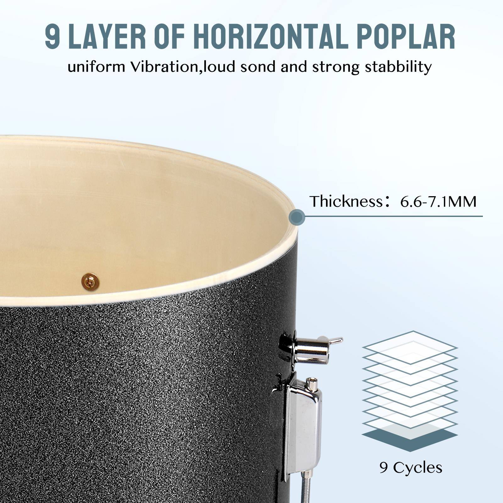 9 LAYER OF HORIZONTAL POPLAR  
uniform Vibration, loud sound and strong stability  

Thickness: 6.6-7.1MM  

9 Cycles