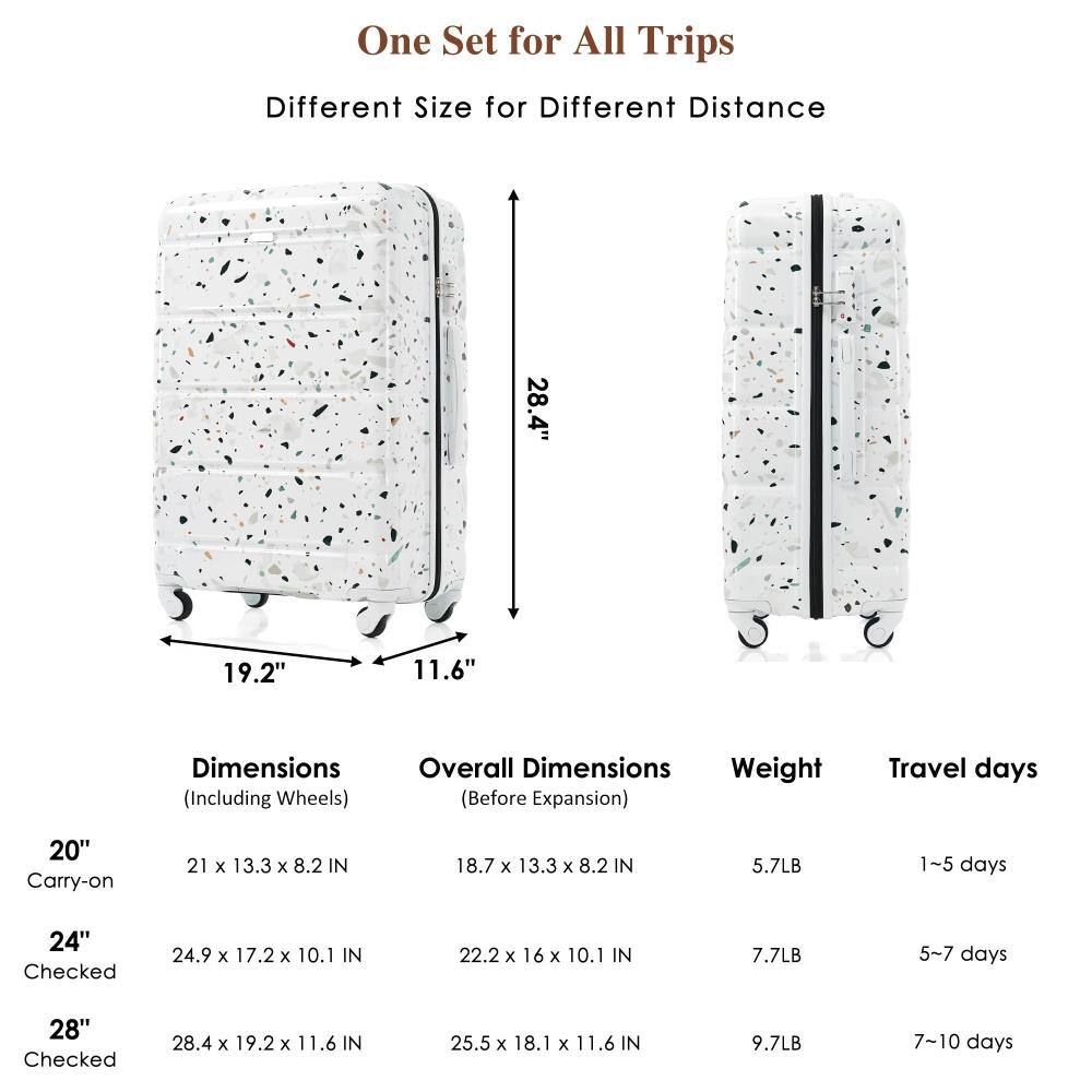 One Set for All Trips  
Different Size for Different Distance  

Dimensions (Including Wheels)  
20" Carry-on: 21 x 13.3 x 8.2 IN  
24" Checked: 24.9 x 17.2 x 10.1 IN  
28" Checked: 28.4 x 19.2 x 11.6 IN  

Overall Dimensions (Before Expansion)  
20" Carry-on: 18.7 x 13.3 x 8.2 IN  
24" Checked: 22.2 x 16 x 10.1 IN  
28" Checked: 25.5 x 18.1 x 11.6 IN  

Weight  
20" Carry-on: 5.7LB  
24" Checked: 7.7LB  
28" Checked: 9.7LB  

Travel days  
20" Carry-on: 1-5 days  
24" Checked: 5-7 days  
28" Checked: 7-10 days