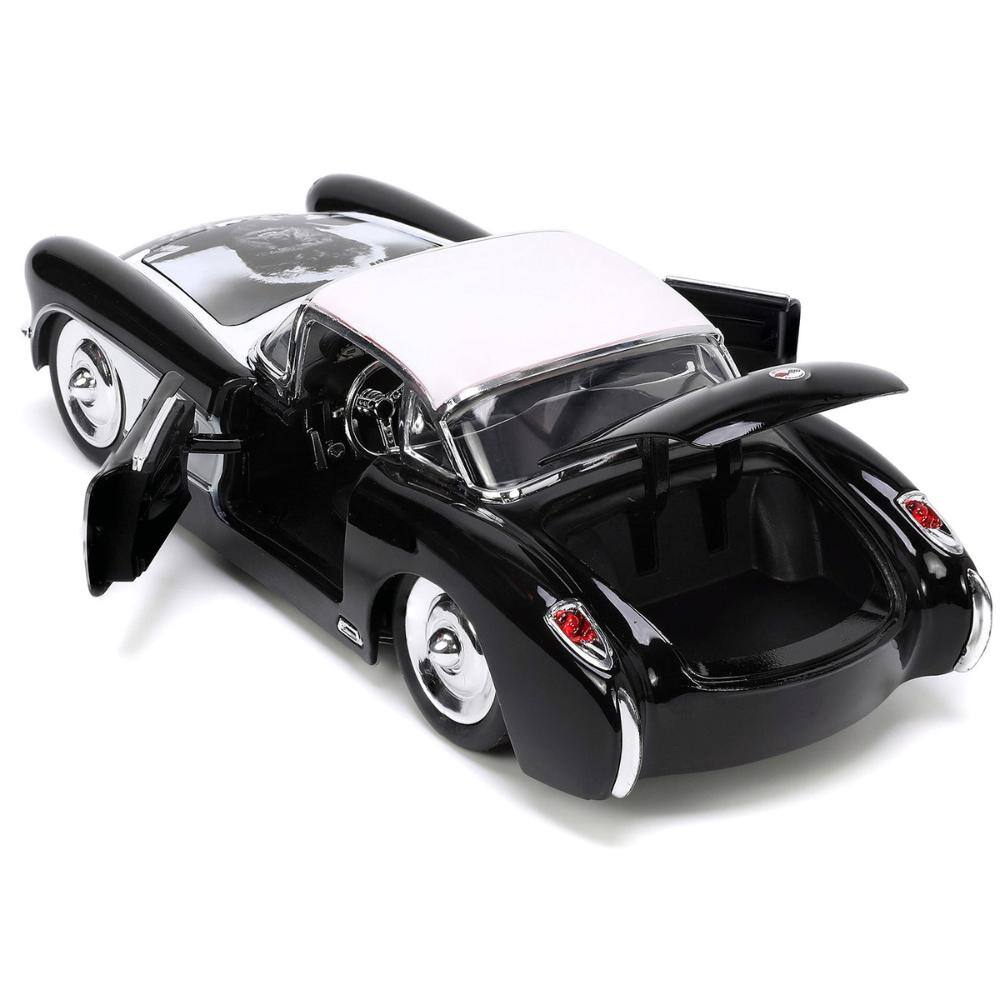 Left. Jada - 1957 Chevrolet Corvette Black with White Top & Wolfman Diecast Figure "Universal Monsters" "Hollywood Rides" Series 1/24 - Black and White.