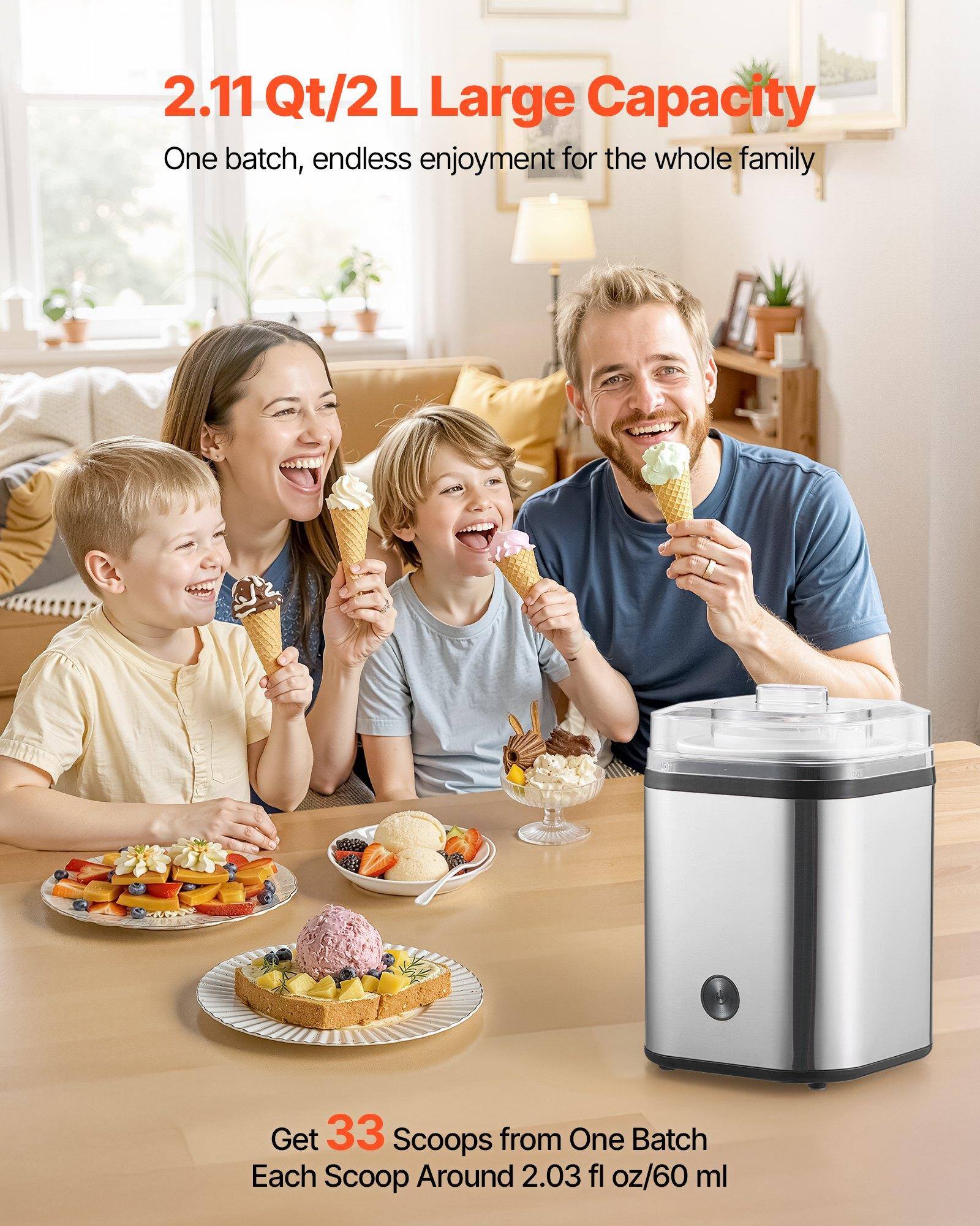 2.11 Qt/2 L Large Capacity  
One batch, endless enjoyment for the whole family  

Get 33 Scoops from One Batch  
Each Scoop Around 2.03 fl oz/60 ml