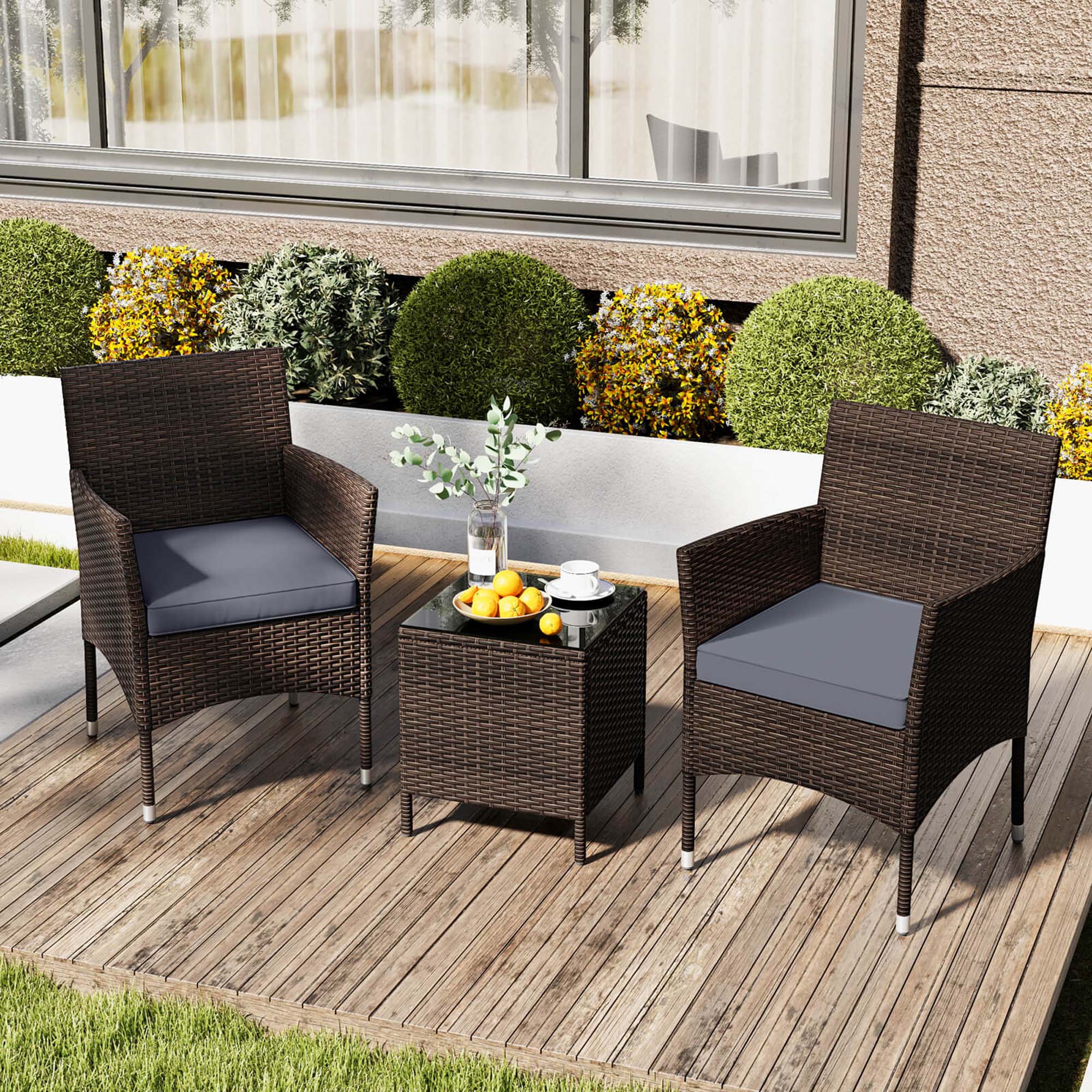 Alt View 3. Costway - 3 PCS Outdoor Conversation Set with Cushioned Seat & Tempered Glass Tabletop - Gray,Mix Brown.