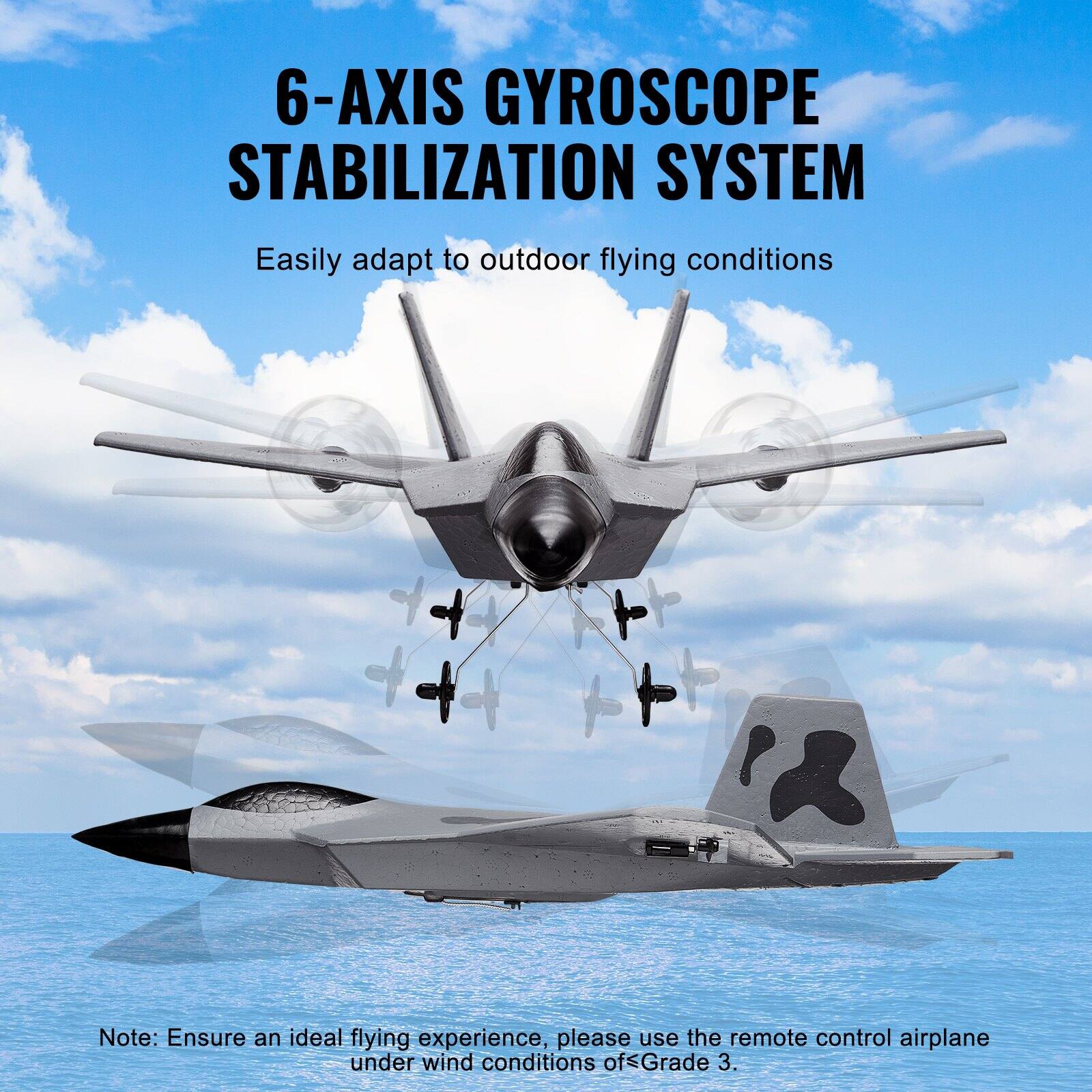 6-AXIS GYROSCOPE STABILIZATION SYSTEM  
Easily adapt to outdoor flying conditions  

Note: Ensure an ideal flying experience, please use the remote control airplane under wind conditions of Grade 3.