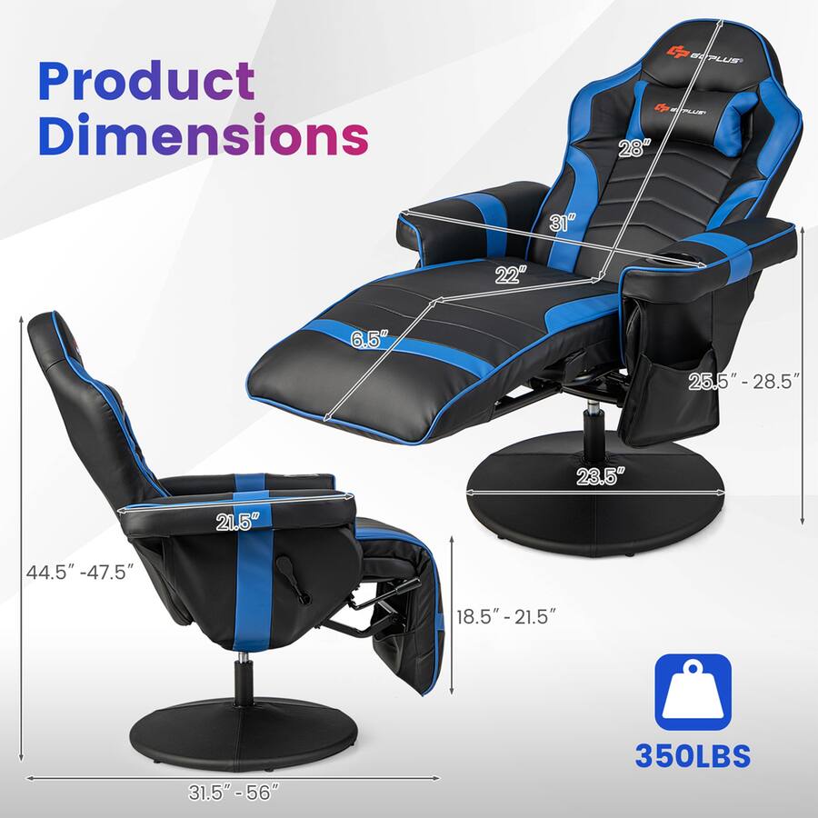 Costway Massage Gaming Chair with Recline and Cup Holder Blue