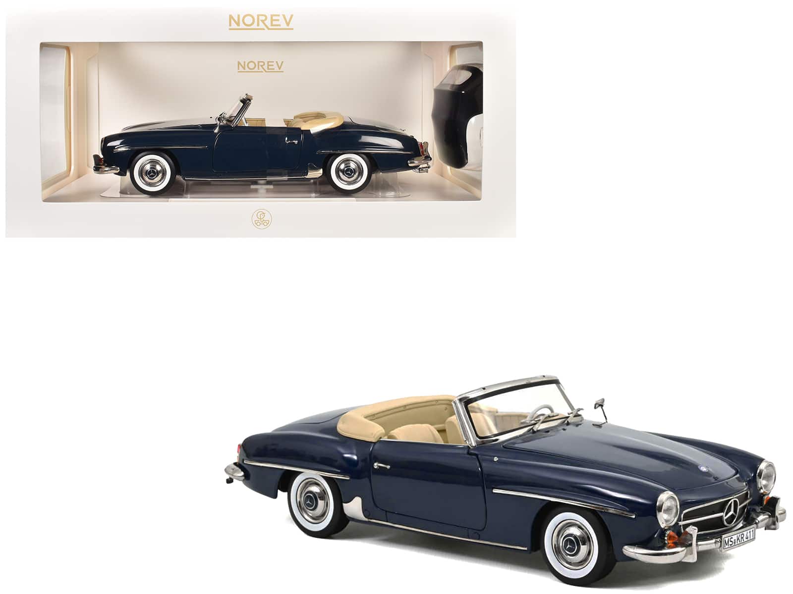 1957 Mercedes-Benz 190 SL Convertible Middle with Black Top 1/18 Diecast Model Car by Norev - Blue
