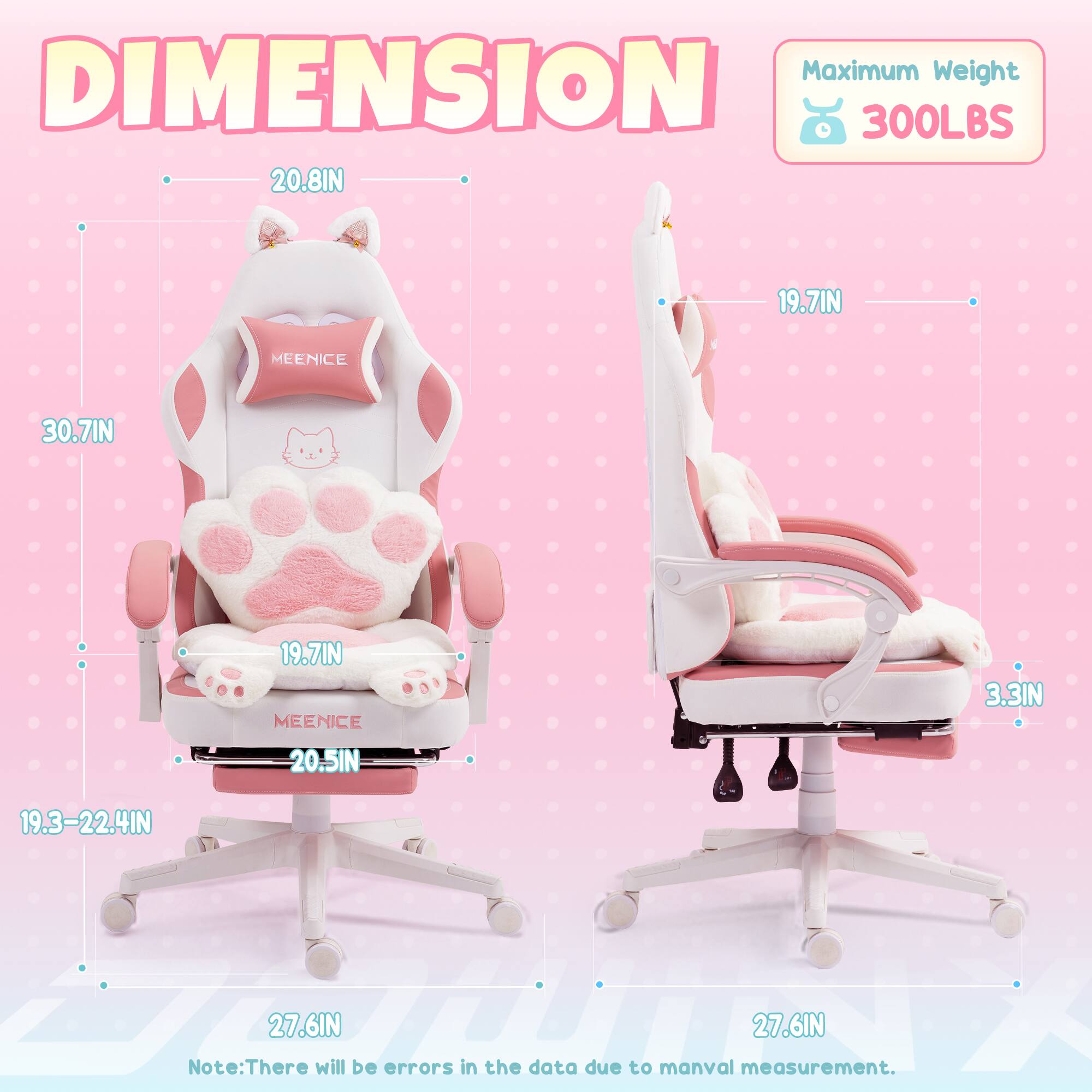 Maximum Weight: 300LBS  
Dimensions:  
- Height: 30.7IN  
- Width: 20.8IN  
- Depth: 19.7IN  
- Seat Height: 19.7IN  
- Seat Width: 20.5IN  
- Armrest Height: 3.3IN  
- Back Height: 19.3-22.4IN  
- Overall Height: 27.6IN  
- Base Width: 27.6IN  

Note: There will be errors in the data due to manual measurement.