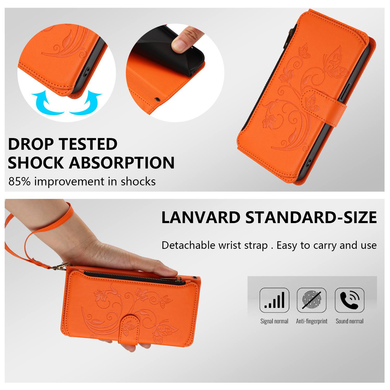 DROP TESTED SHOCK ABSORPTION  
85% improvement in shocks  

LANVARD STANDARD-SIZE  
Detachable wrist strap. Easy to carry and use  

Signal normal  
Anti-fingerprint  
Sound normal