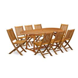 East West Furniture - BSDK9CWNA 9-Piece Patio Set- 8 Modern Chairs Slatted Back and Outdoor Coffee Table and Round Top - Natural Oil