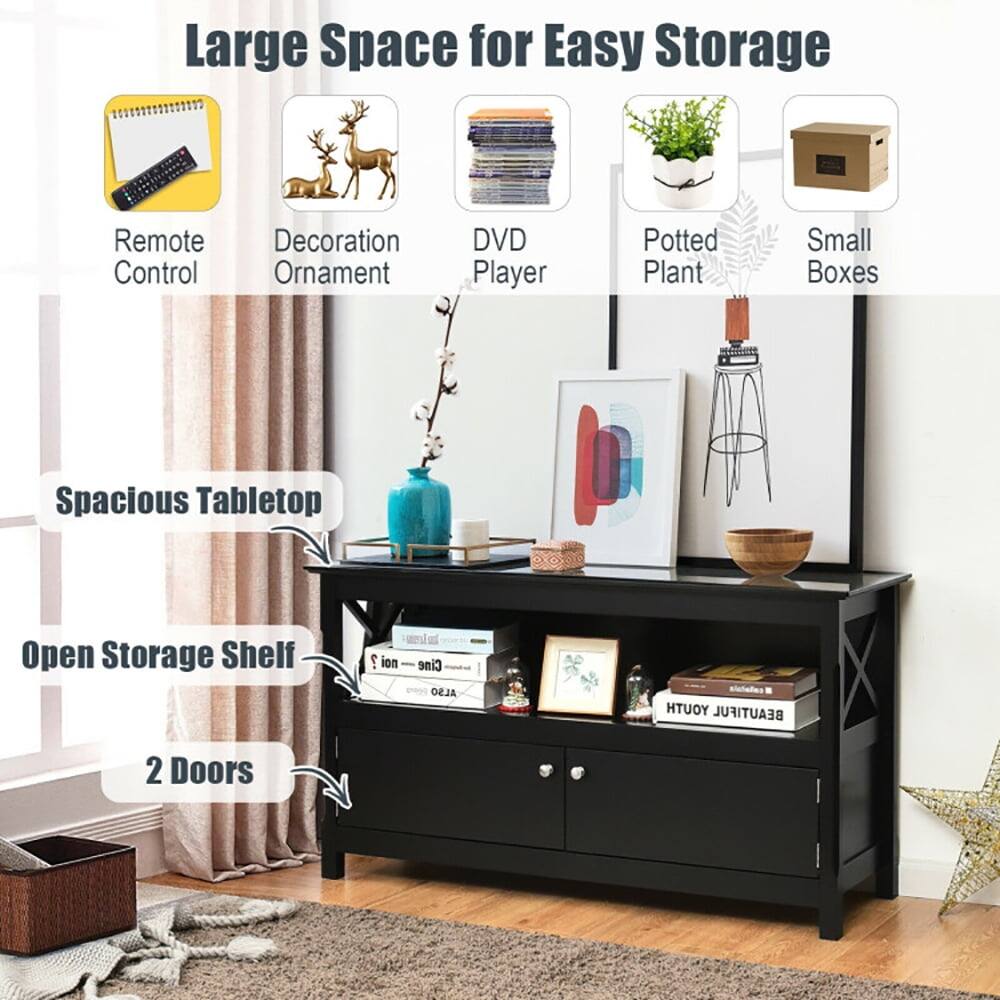 Large Space for Easy Storage  
- Remote Control  
- Decoration Ornament  
- DVD Player  
- Potted Plant  
- Small Boxes  

Spacious Tabletop  
Open Storage Shelf  
2 Doors