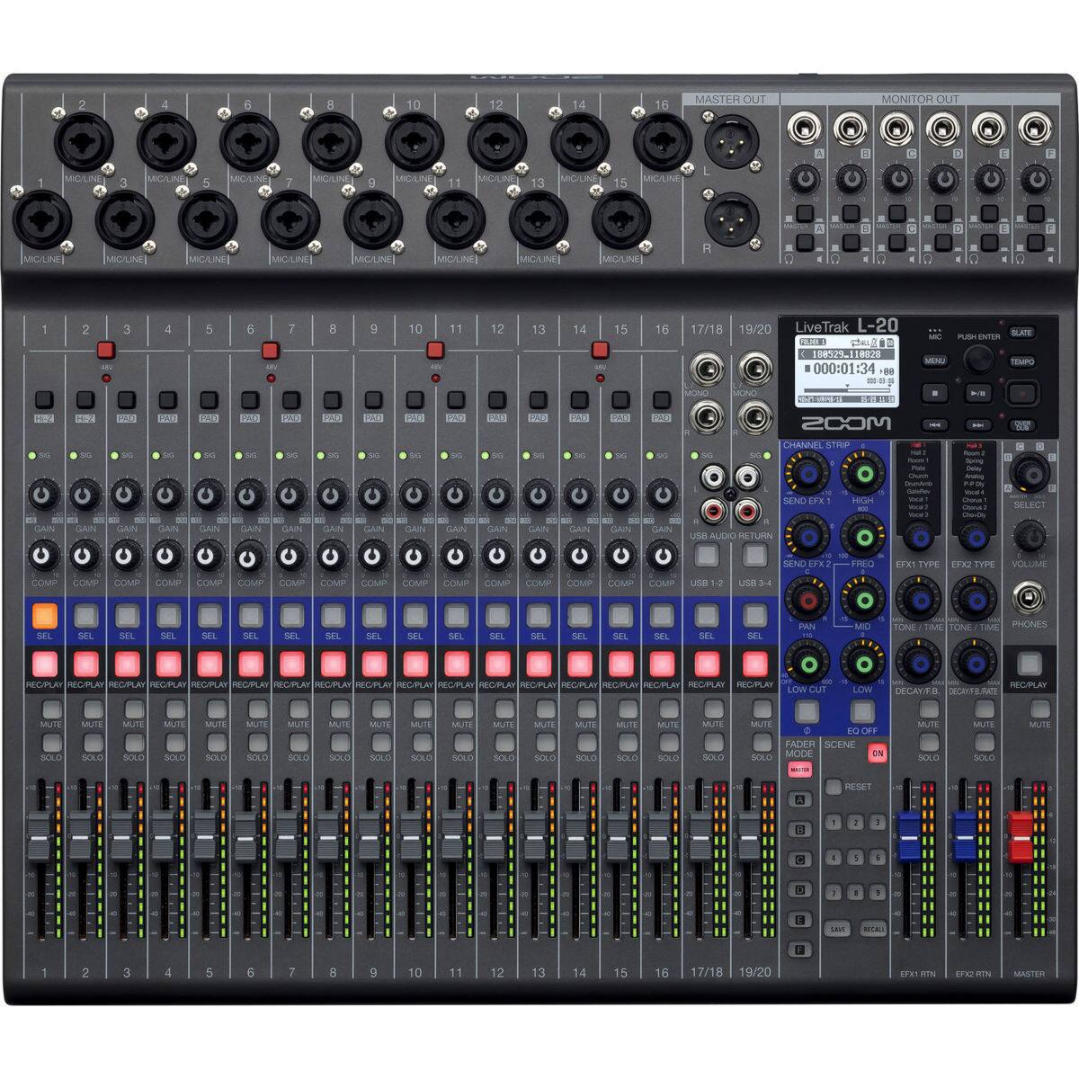 10 12 16 MASTER OUT MONITOR OUT MIC/LINE 13 MIC LINE 15 MIC LINE MIC LINE MIC LINE MIC LINE MIC LINE MIC LINE MIC LINE 10 11 12 13 14 15 16 17/18 19/20 LiveTrak L-20 CIa CTAL 18852% 8020 000:01:34 MENU ATE nUSe ENFER M BCES m Lm . V. 1AE ohe oe d E  T0  MOOS CHANNEL STRIP 2 i | CLA GAIN LLATV CLA CAs LAN AN GAR CAN GAI  CE GAN CAN GAR Clts GActs SEND DX Ua AUEXO RETURN HIGH s - SELECT SEND IV. REO IEA TYPE 1R TYPE VOLUAM COMP COMP COMP COMP COMP QUAN CUAN COMP COMP COMP COMP CM COMP COMP COMP COMP UNE LSa PAN MIC TONE TA TONE TE PHONES REO/PUR URLAY RETVPLAY REC/PLAY REC/PUA REOPLA NRU EAN RECPLAY C