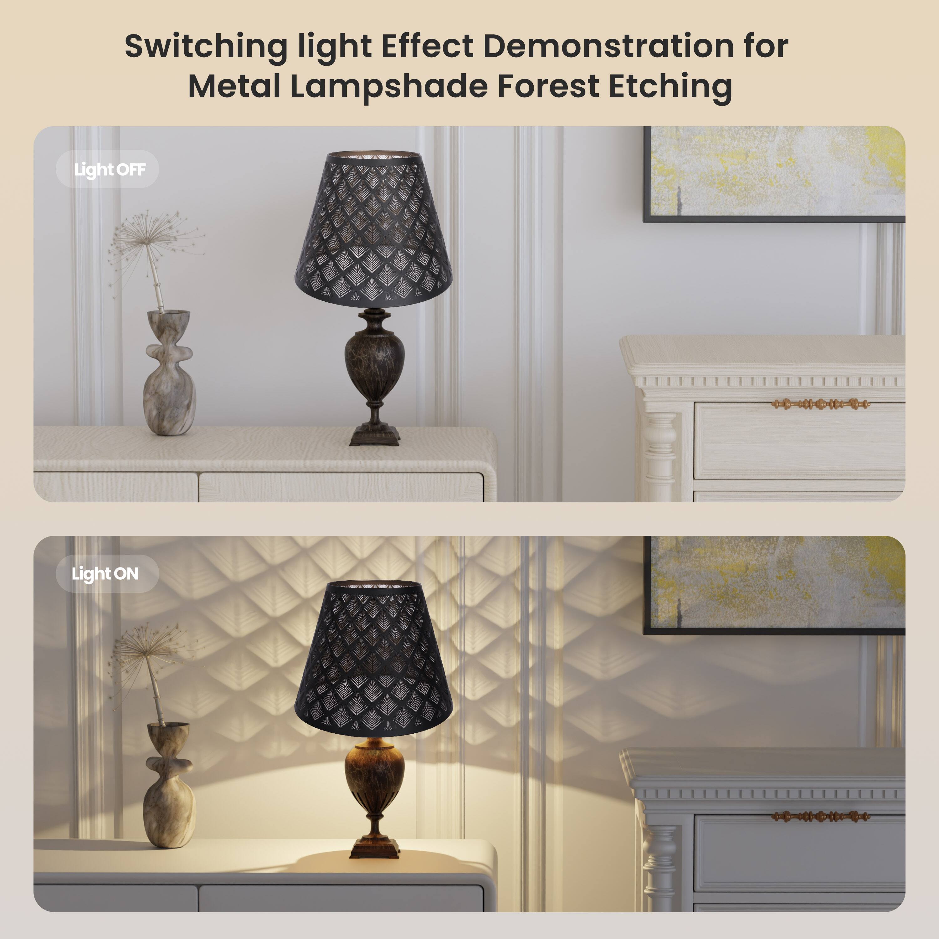Switching light Effect Demonstration for Metal Lampshade Forest Etching

Light OFF

Light ON
