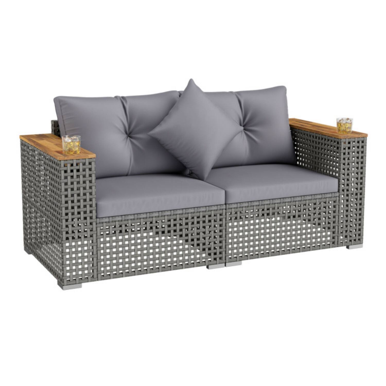 Alt View 3. Mondawe - 2-Piece Patio Corner Sofa Set with Acacia Armrests and Cup Holders - 2 Pieces - Gray+Gray.