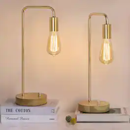 Oumilen - Curved Metal Table Lamp with Natural Wood Base, Gold