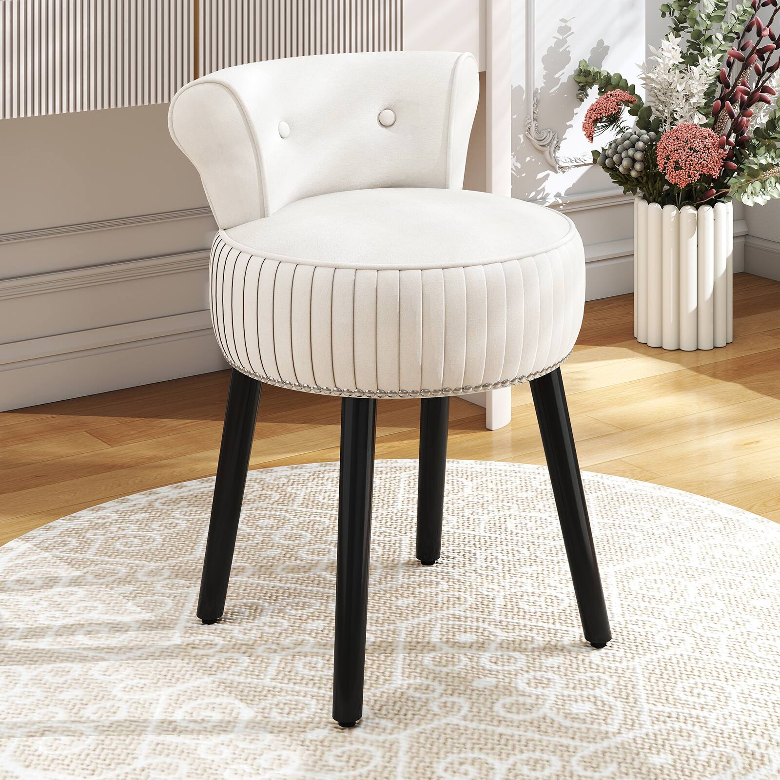 Alt View 1. Gymax - Gymax Velvet Vanity Chair w/ Back Tufted Low Back & Solid Wood Legs for Bedroom White - White.