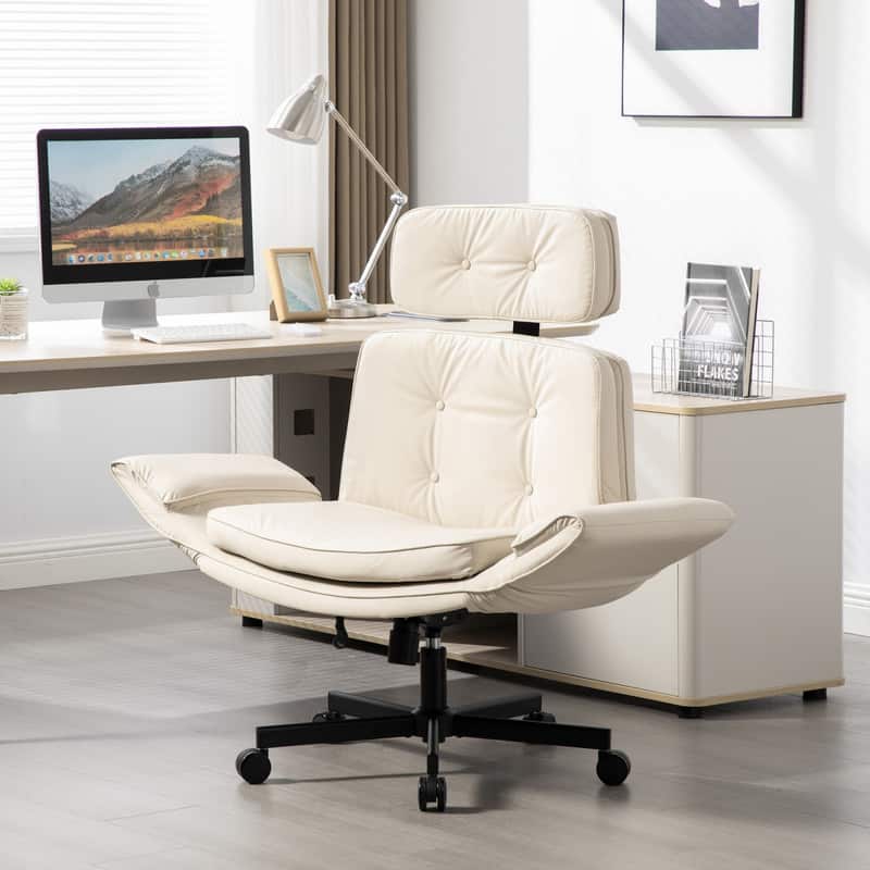HTUTWOO - Swivel Office Chair with Adjustable Armrests, Wide Seat & Removable Headrest, Ideal for Home, Office, Makeup, Gaming - Beige