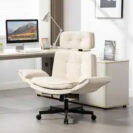 HTUTWOO - Swivel Office Chair with Adjustable Armrests, Wide Seat & Removable Headrest, Ideal for Home, Office, Makeup, Gaming - Beige