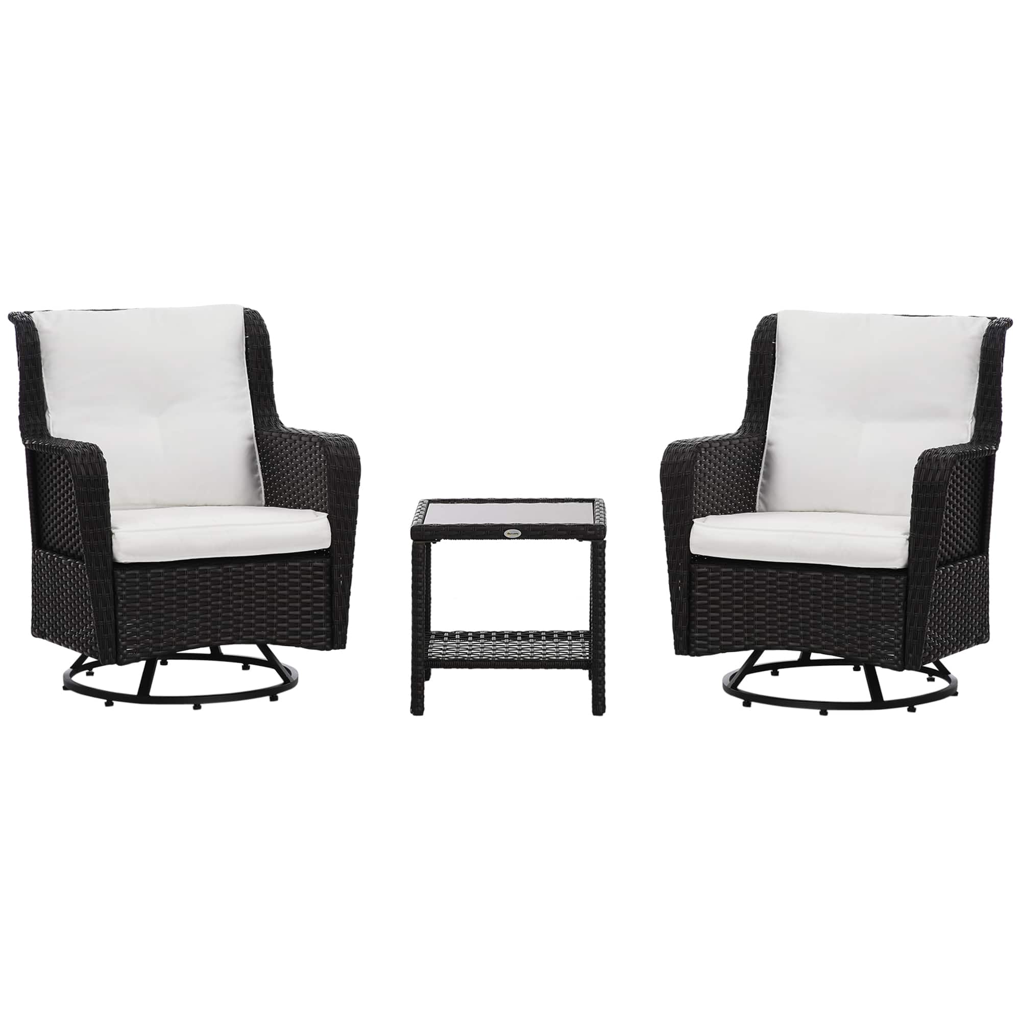 Outsunny - 3 Pieces Wicker Outdoor Bistro Set, Rattan Patio Furniture Set with Glass Coffee Table and Swivel Porch Chairs - Cream White