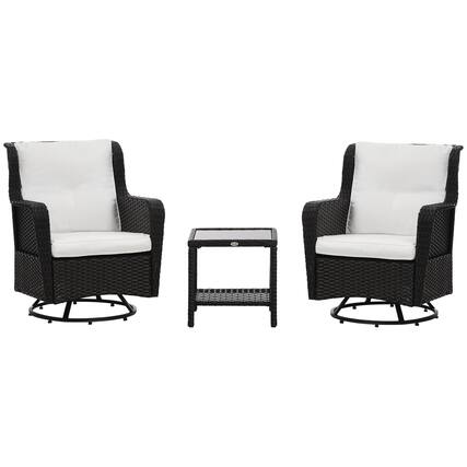 Front. Outsunny - 3 Pieces Wicker Outdoor Bistro Set, Rattan Patio Furniture Set with Glass Coffee Table and Swivel Porch Chairs - Cream White.