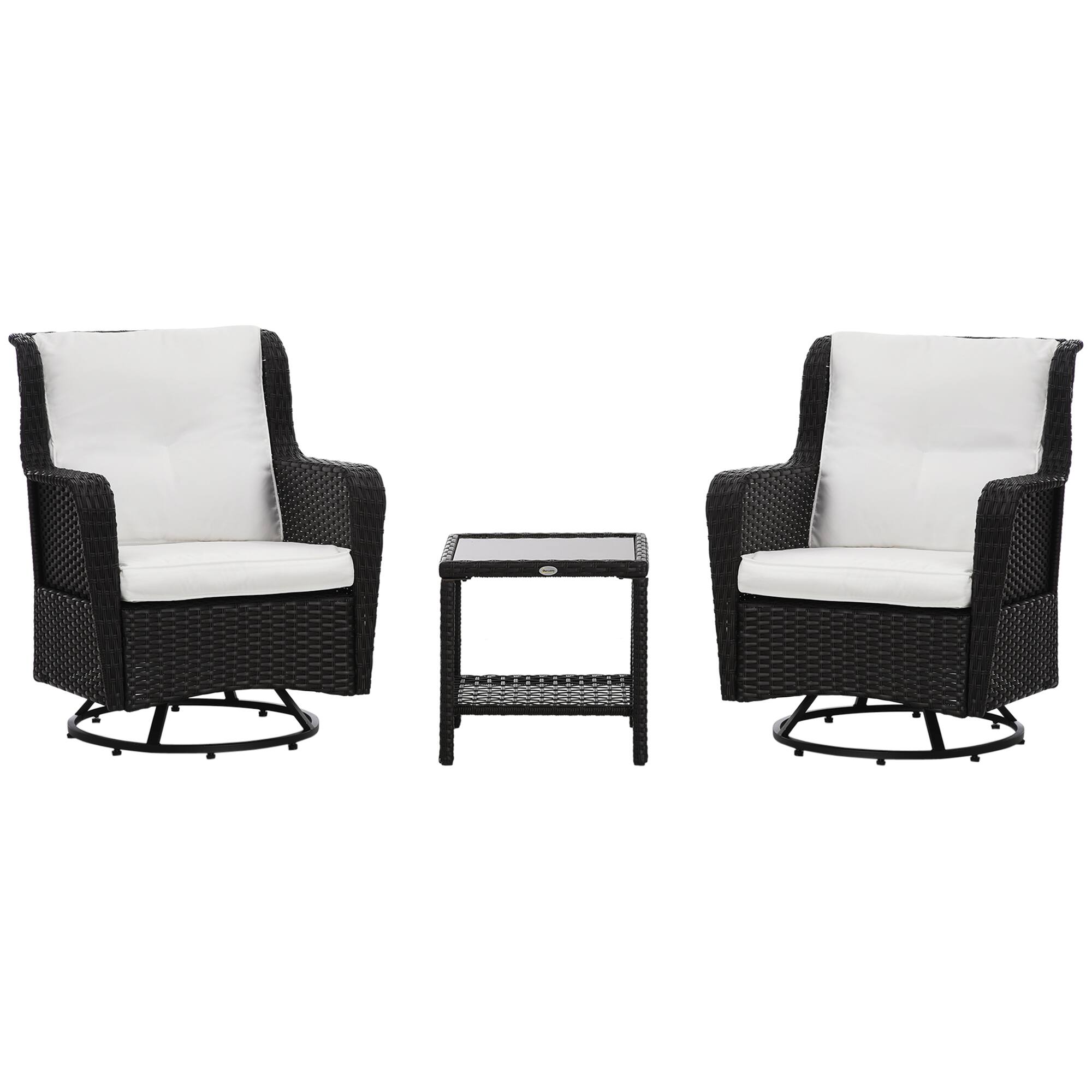 Front. Outsunny - 3 Pieces Wicker Outdoor Bistro Set, Rattan Patio Furniture Set with Glass Coffee Table and Swivel Porch Chairs - Cream White.